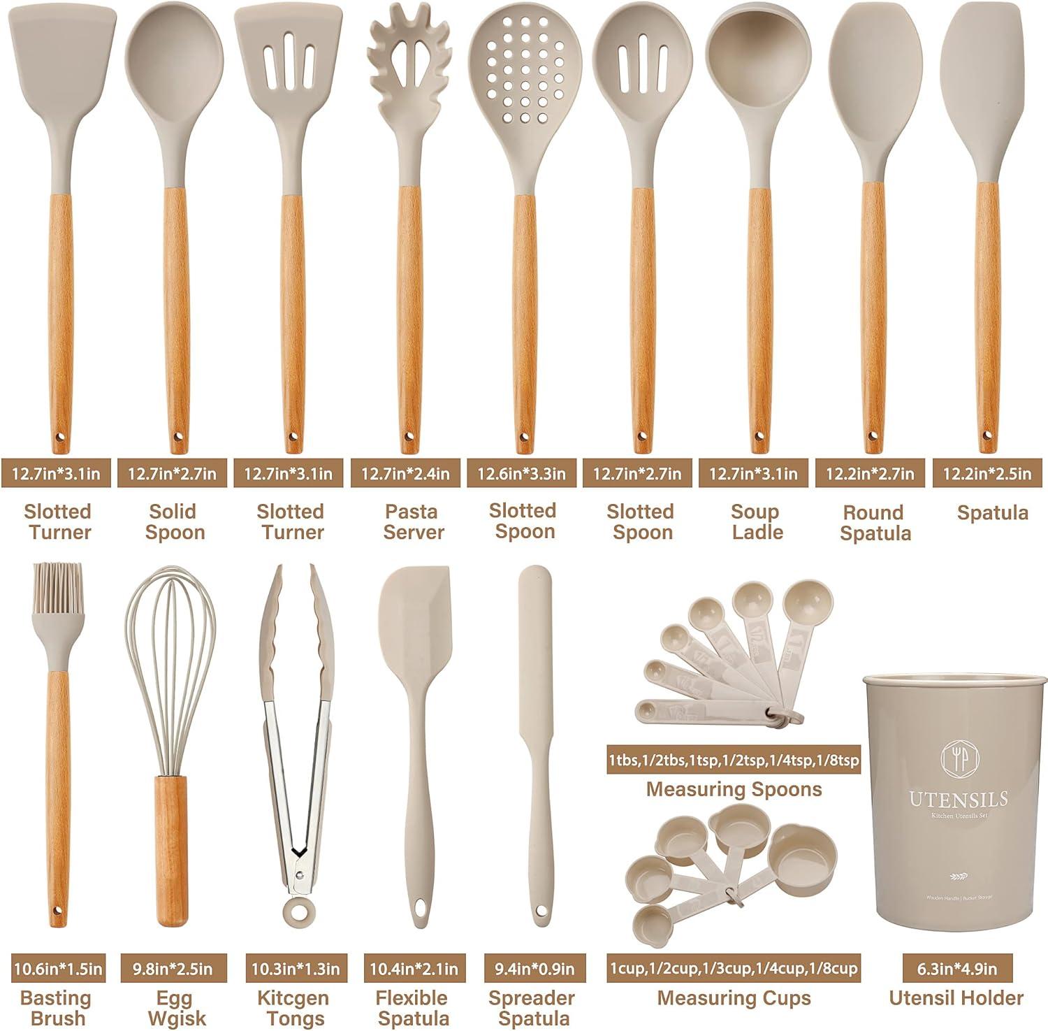 26-Piece Khaki Silicone and Wood Kitchen Utensils Set with Holder