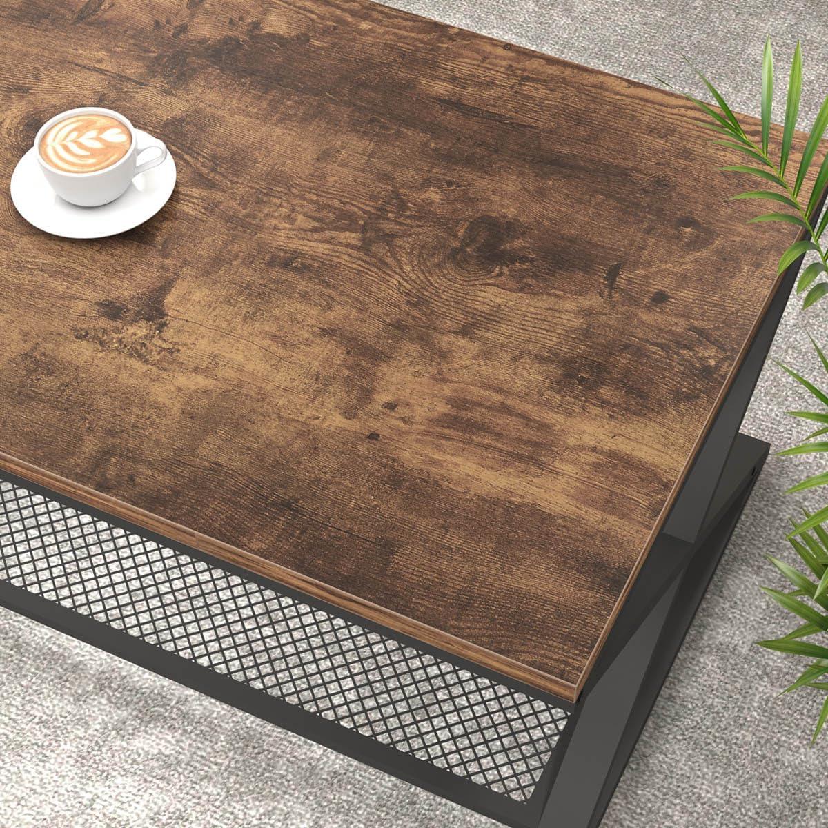 Rustic Brown Metal Frame Rectangular Coffee Table with Storage