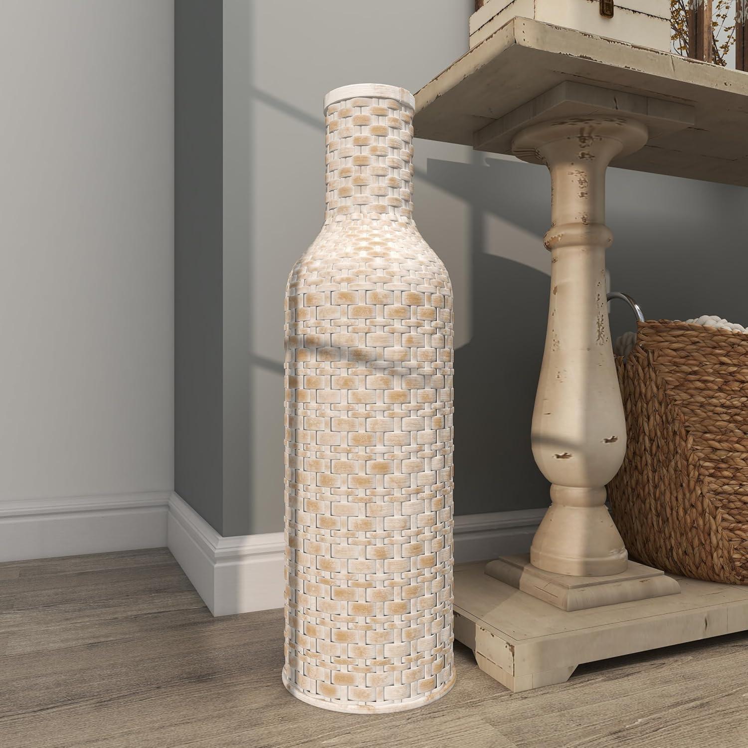 DecMode White  Bohemian Metal Vase with Distressed Weaving Pattern, 9" x 9" x 30", Features Neutral Woven Patterns