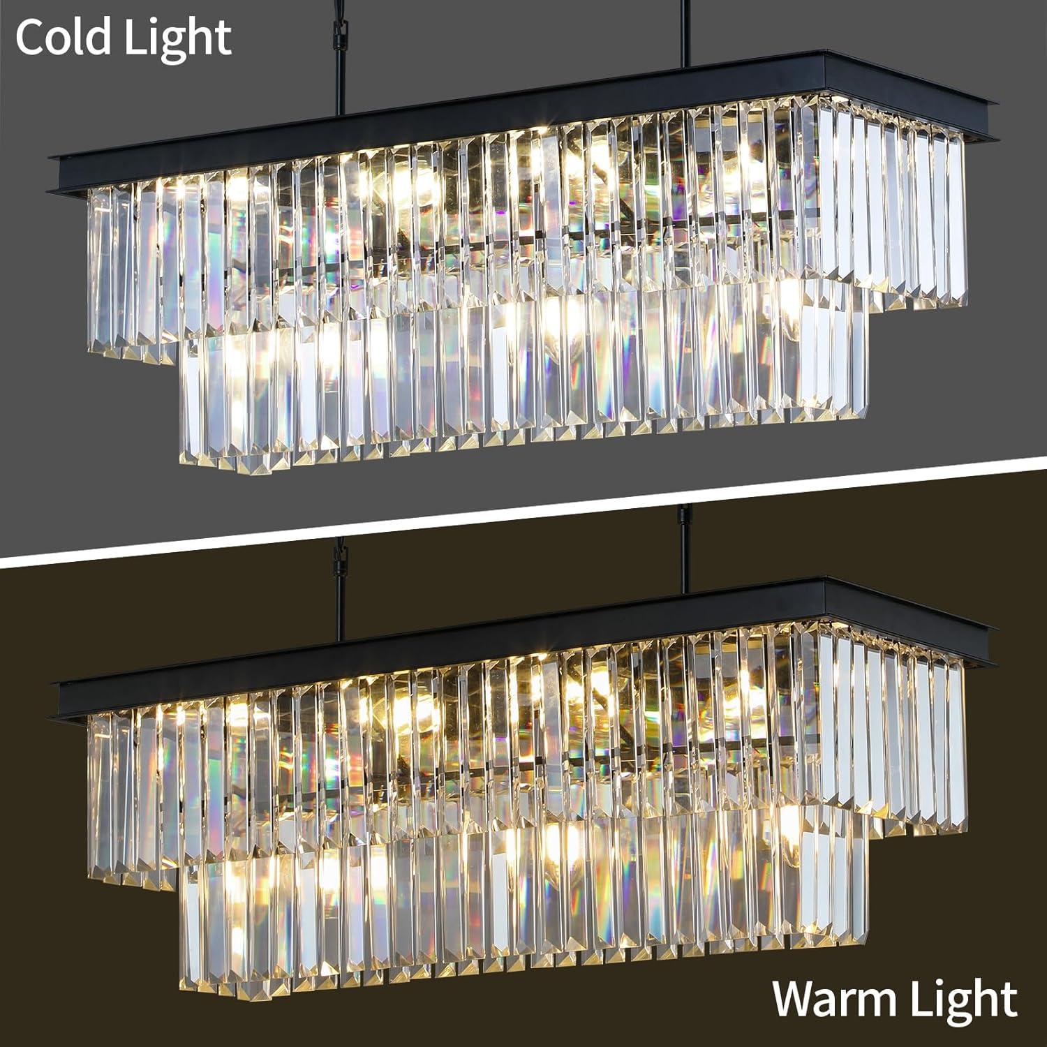 Crystal Chandeliers for Dining Room 11-Light Black Modern Chandelier Rectangle Contemporary Pendant Light Fixture for Kitchen Island Bar