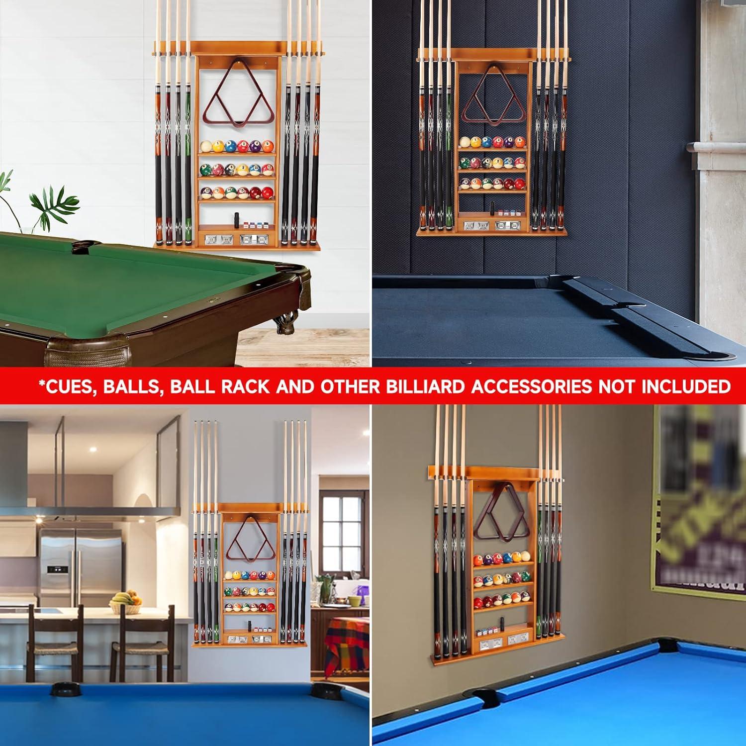 GSE Games & Sports Expert Pool Cue Stick Hanging Wall Mounting Rack with Score Counter, Cue Rack Only. Holds 8 Pool Cue Stick, Billiard Ball and Ball Rack - Oak