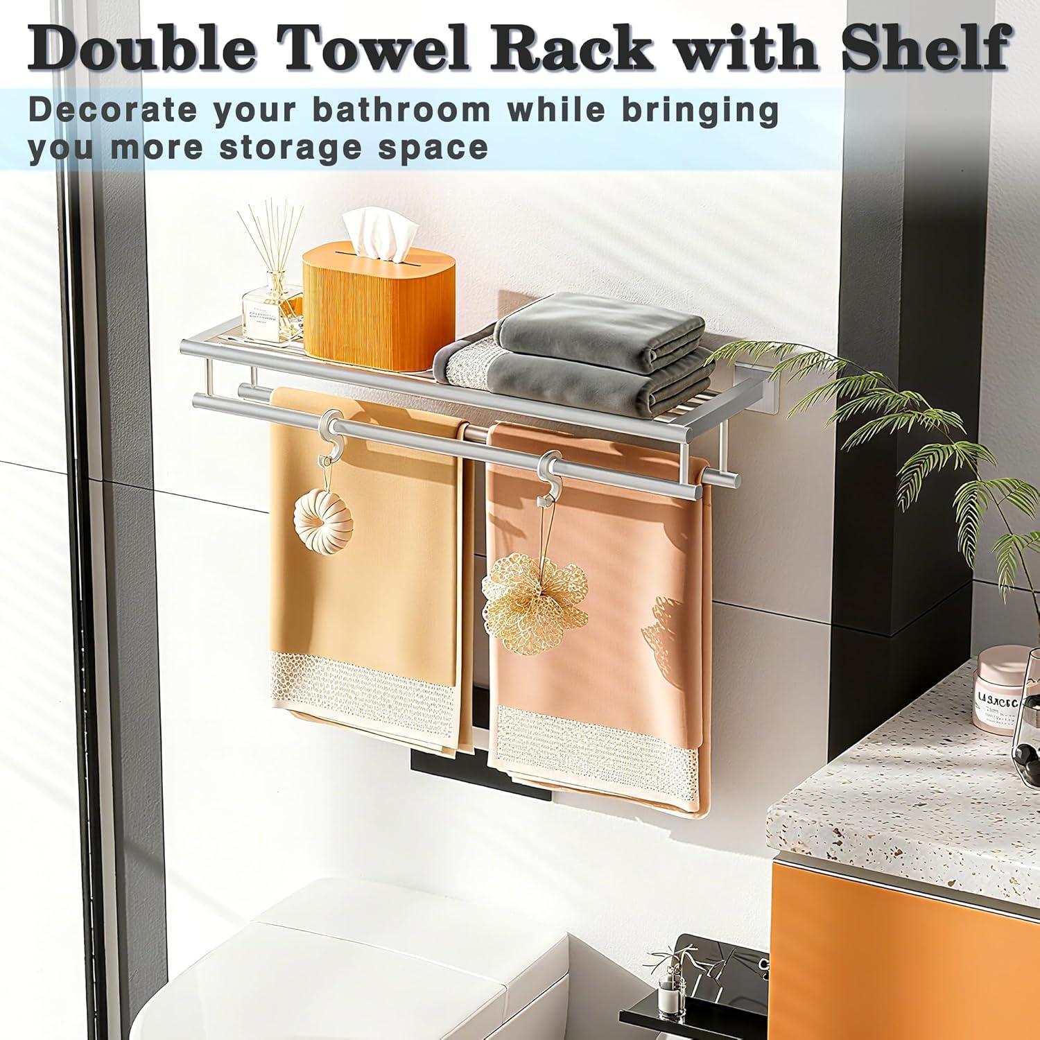 2-Tier 20" Wall Mounted Stainless Steel Bathroom Towel Rack With 2 Towel Bars Round Rods
