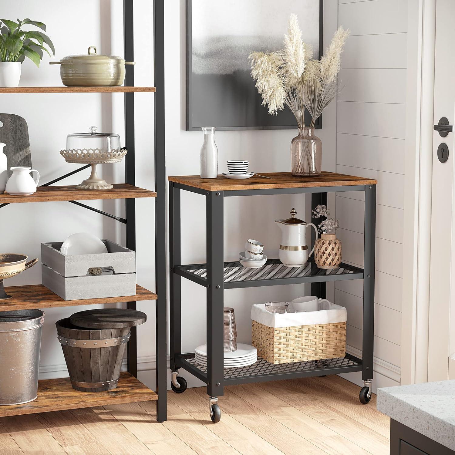 Rustic Brown and Black 3-Tier Industrial Serving Cart with Storage