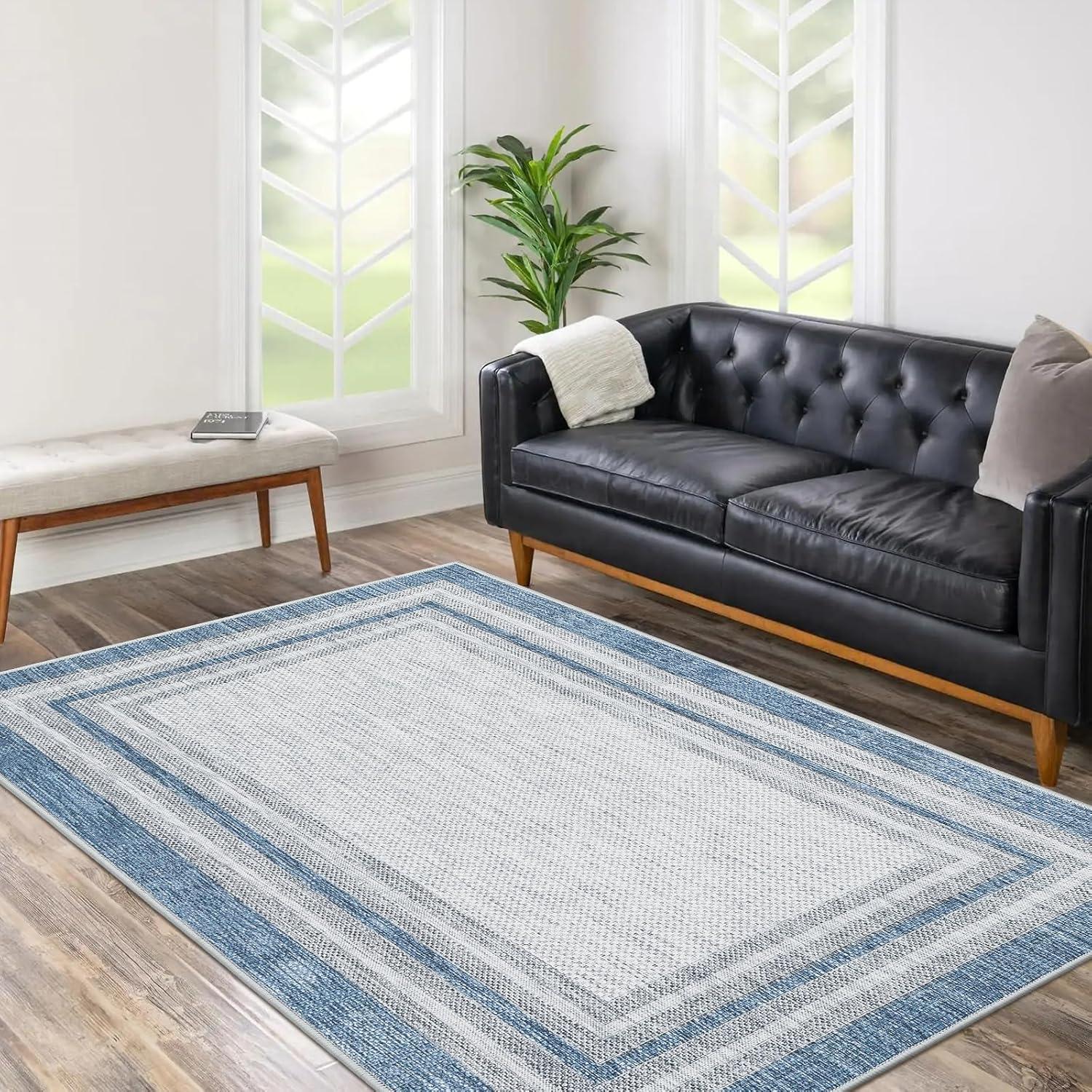 Aoile 4'x6' Washable Area Rug, Geometric Printed Rugs with Non Slip for Living Room Bedroom Dining Room, Navy