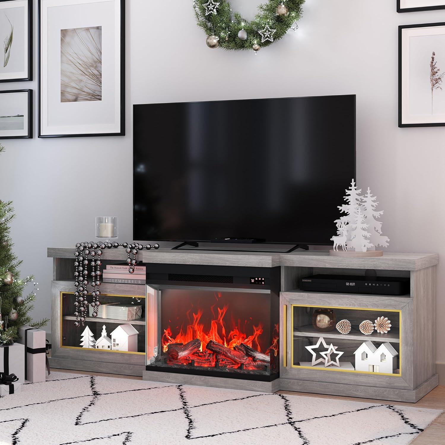 BELLEZE 68" TV Stand with 23" Electric Fireplace, Entertainment Center for TVs Up to 75", Glass Door Storage Cabinet with 3-Side Glass Display Fireplace for Living Room, Bedroom - Bardot (Grey)