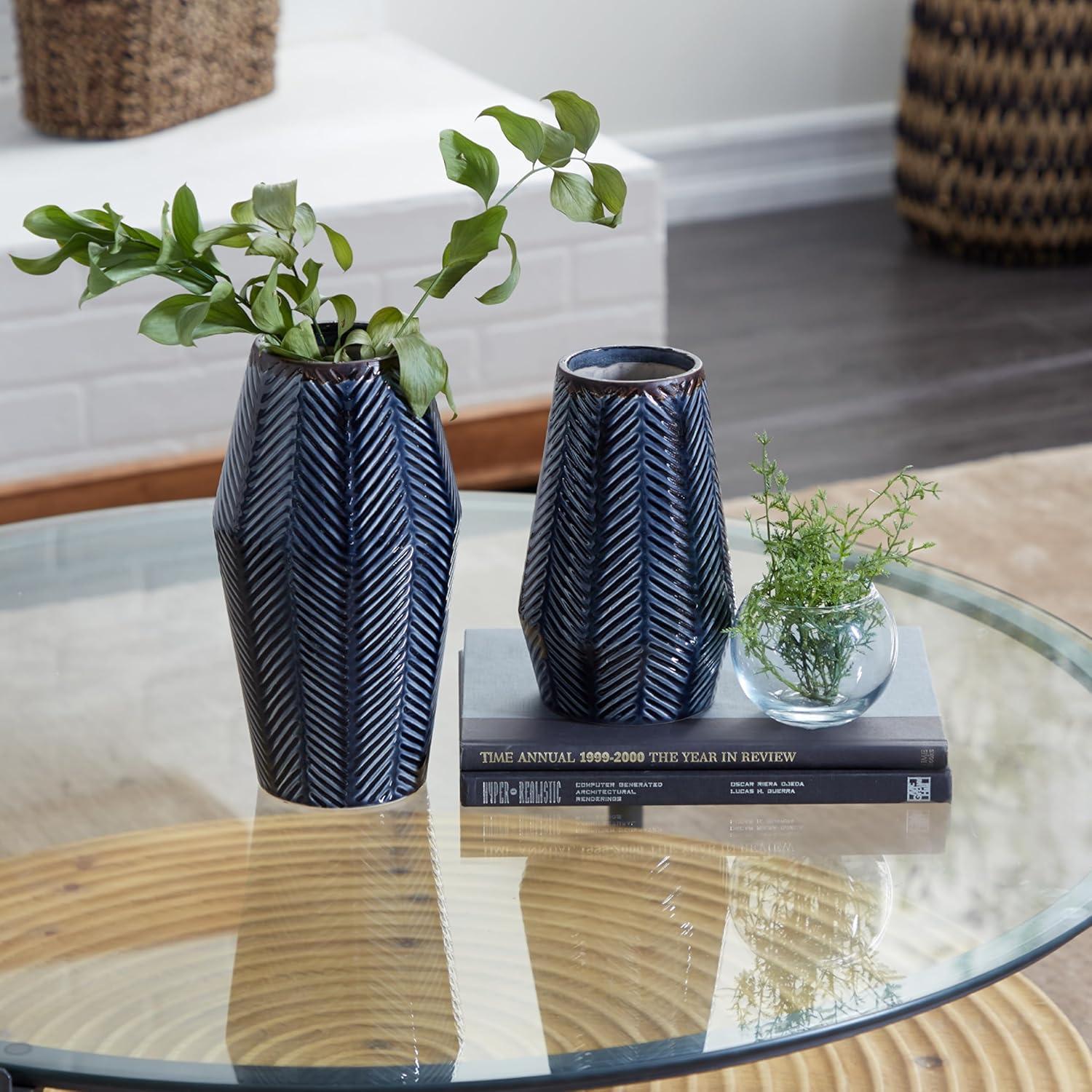 Dark Blue Chevron Ceramic Table Vase Set, 2-Piece