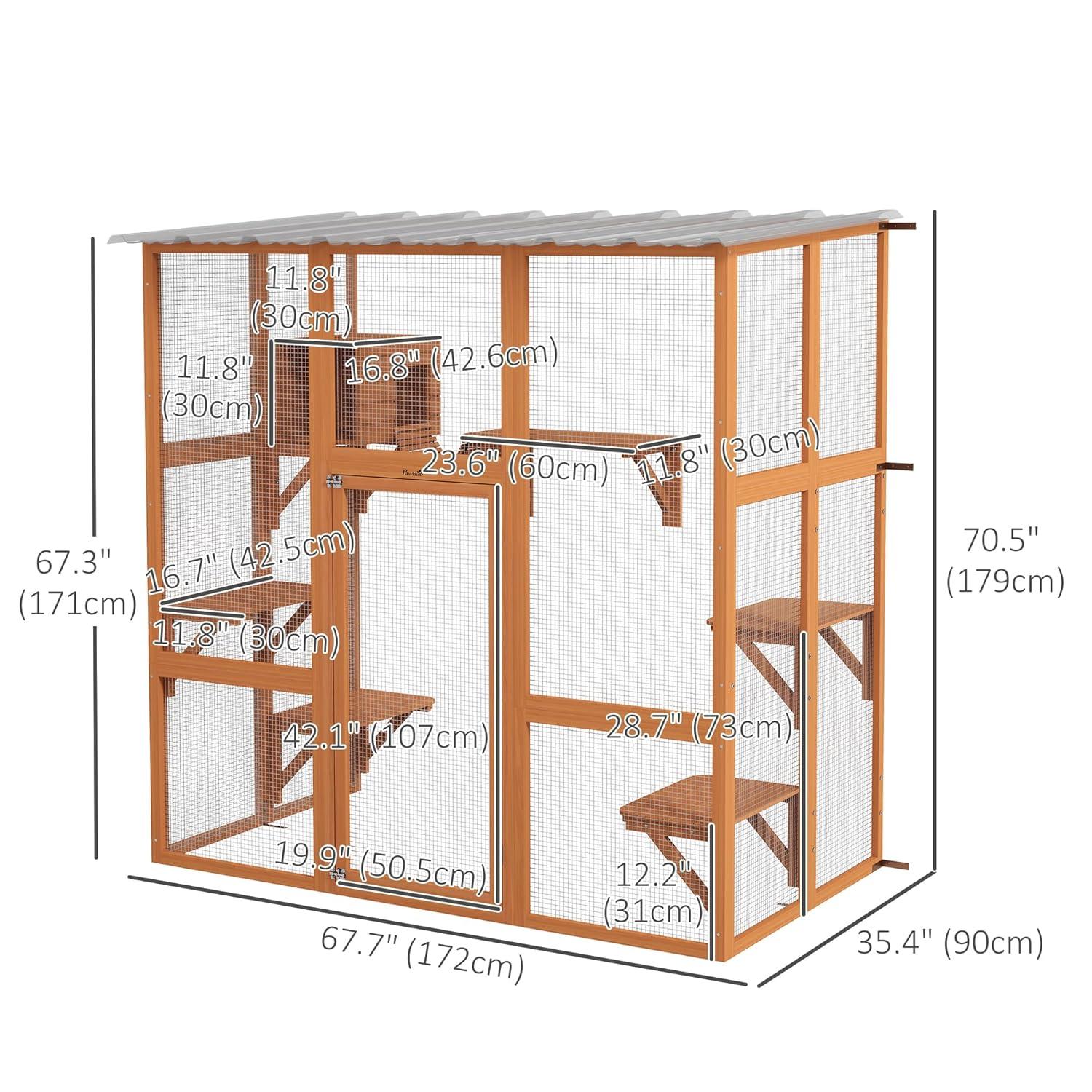 PawHut Catio, Outdoor Cat Enclosure Window Box Wooden Cat House w/ Weather Protection Roof for 2 Kitties with Resting Box, Platforms & Bridge