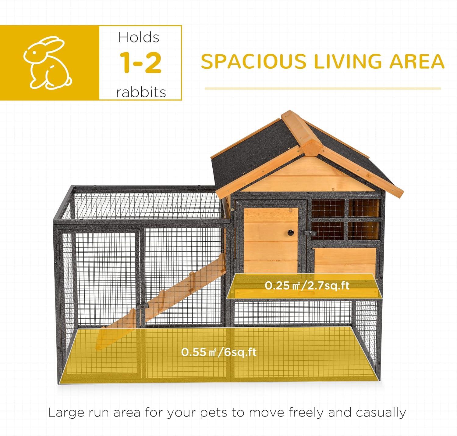 PawHut 2-Level Rabbit Hutch Bunny House with Weatherproof Hinged Asphalt Roof, Removable Tray and Ramp for Outdoor