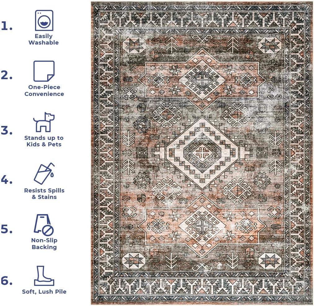 Nuloom 8x10 Machine Washable Rain Haven Vintage Medallion Indoor Area Rug, Rust Non-Slip Backing, Stain Resistant, BedroomLiving Room, Kitchen