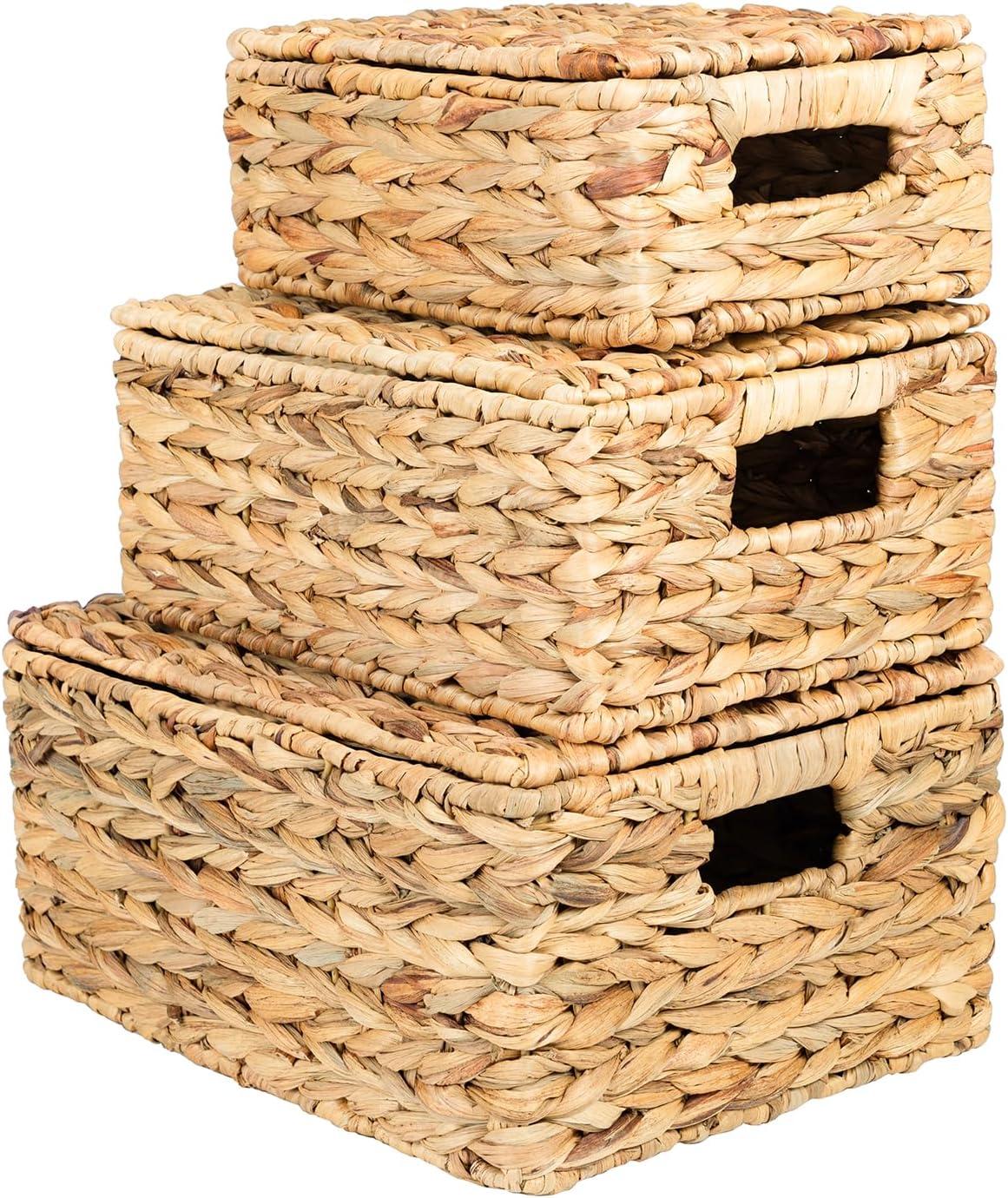 Gracie Oaks Wicker Storage Basket With Lid, Natural Decorative Wicker Basket For Shelf, Woven Baskets With Lids, 14In Lidded Basket, Rattan Storage Basket With Lid, Rattan Box Set Of 3 For Organizing