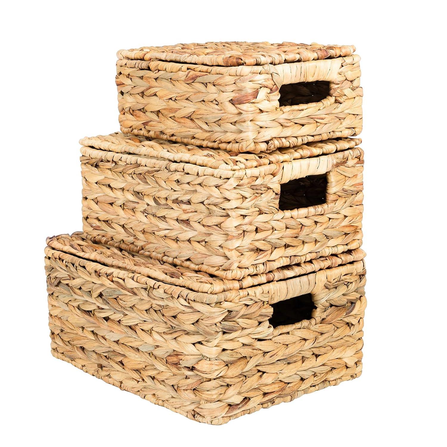 Gracie Oaks Wicker Storage Basket With Lid, Natural Decorative Wicker Basket For Shelf, Woven Baskets With Lids, 14In Lidded Basket, Rattan Storage Basket With Lid, Rattan Box Set Of 3 For Organizing