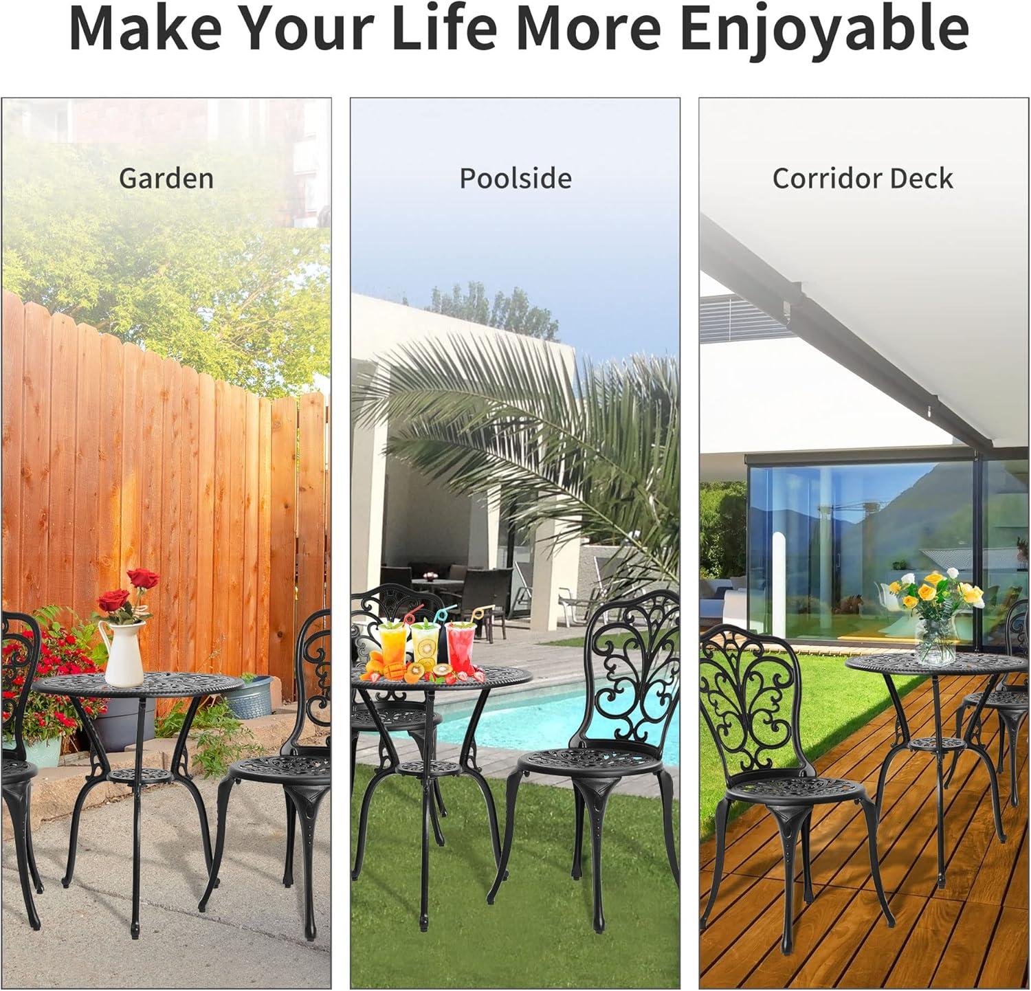 Astoria Grand 3 Piece Outdoor Patio Set Butterfly Pattern Cast Aluminum Bistro Table and Chairs Set of 2 with Cushion Black