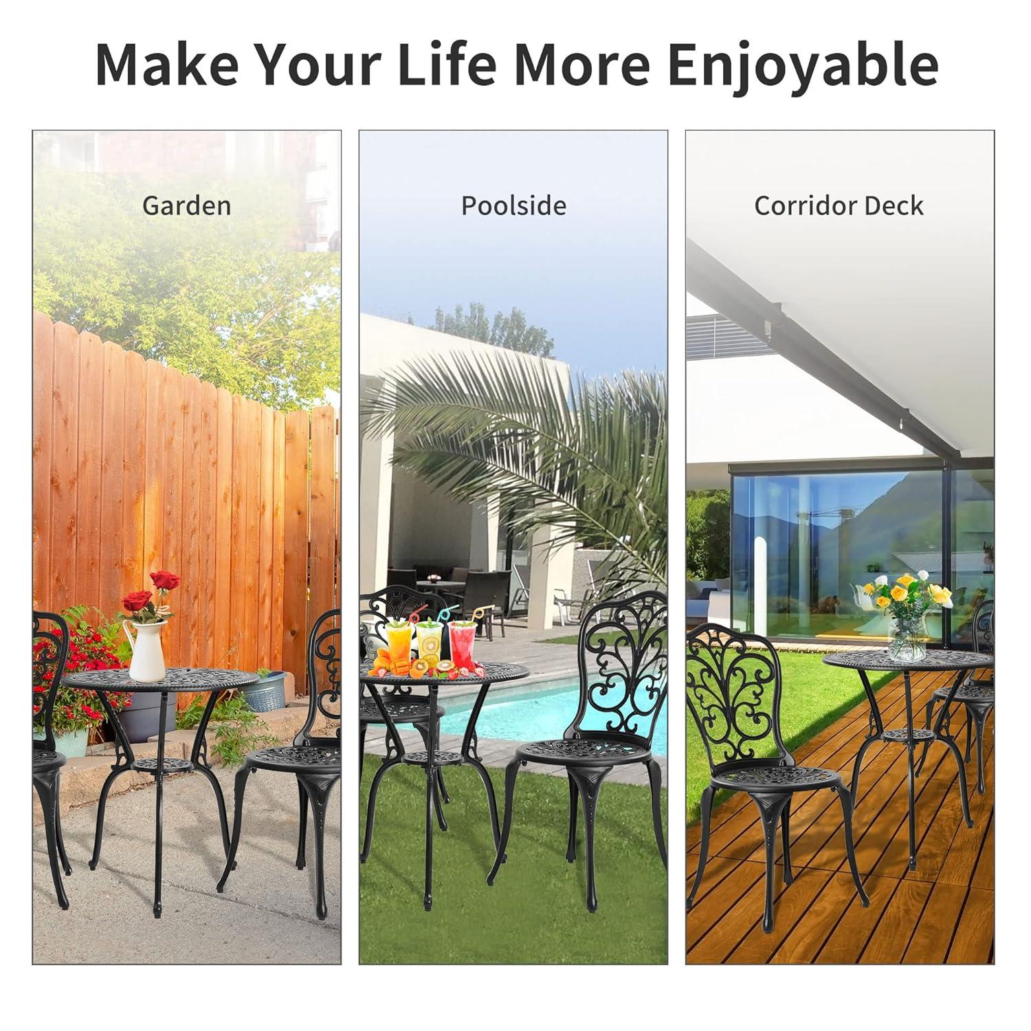 Astoria Grand 3 Piece Outdoor Patio Set Butterfly Pattern Cast Aluminum Bistro Table and Chairs Set of 2 with Cushion Black