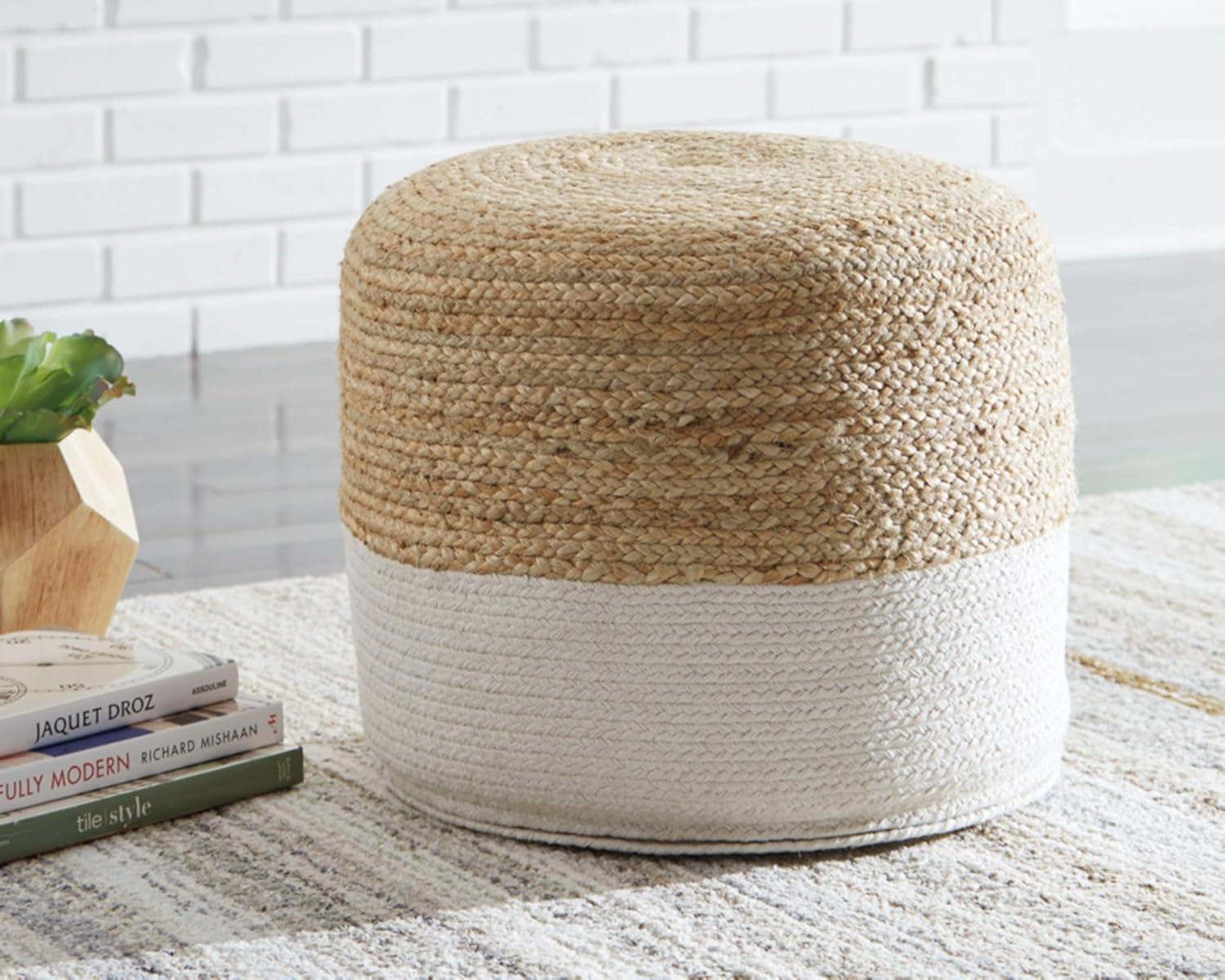 Sweed Valley Pouf Natural/White - Signature Design by Ashley: Braided, No Assembly, Jute Material