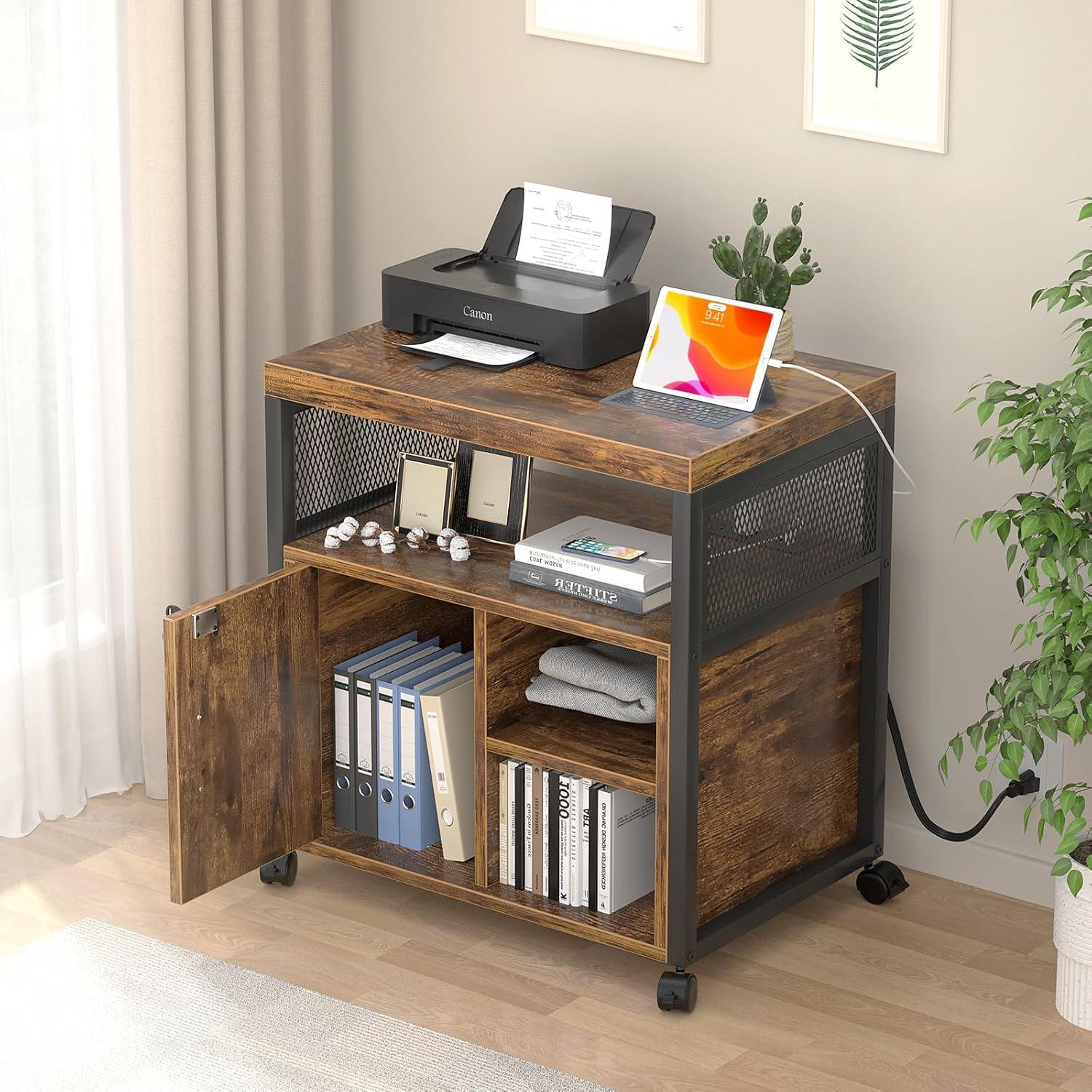 File Cabinet, Locking Office Filing Cabinets with Socket and USB Charging Port, Modern Rolling Printer Stand with Storage for Printer Scanner Fax Home Office Use with Wheels,Brown