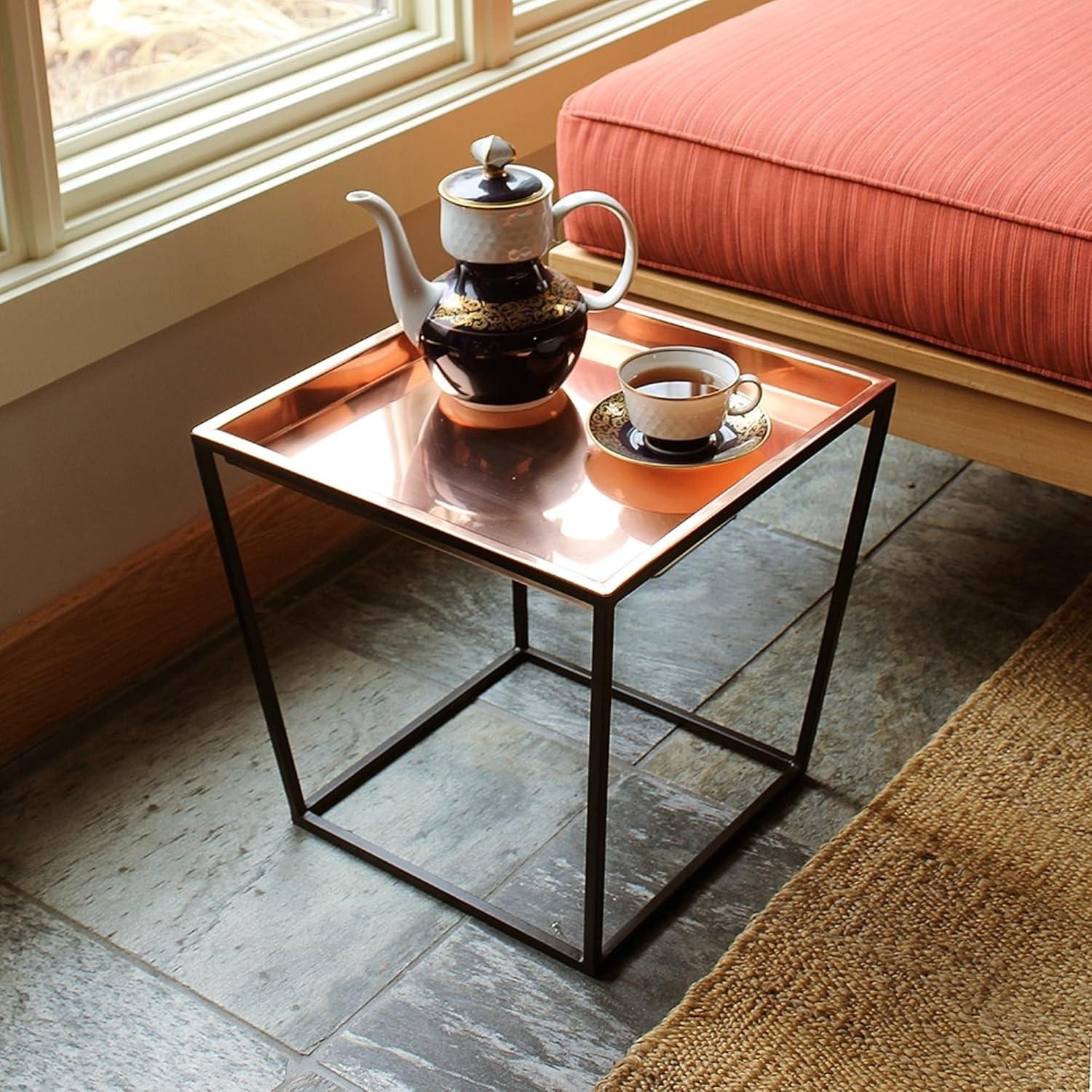 14" Small Arne Plant Stand with Copper Tray, Sleek Design - ACHLA Designs: No Assembly, Square Shape