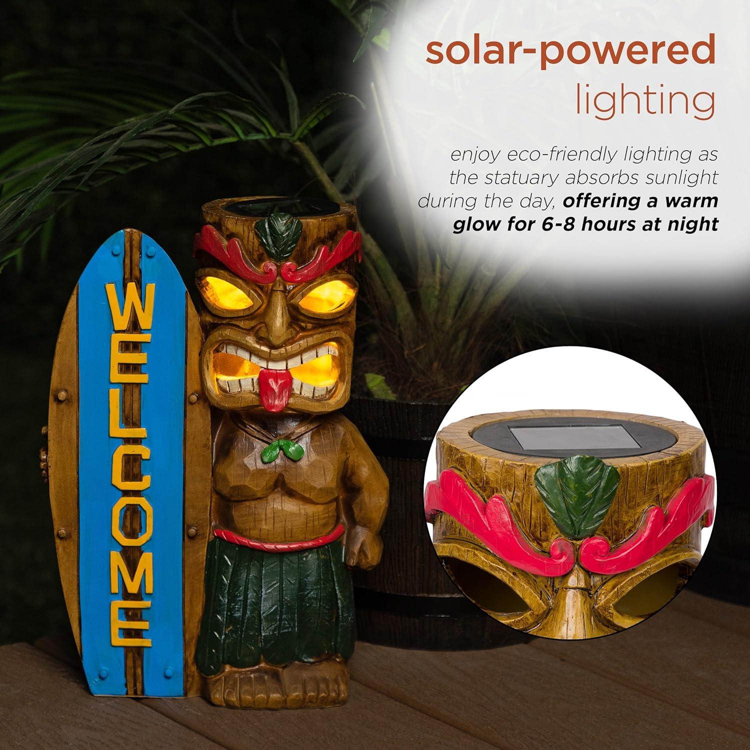 Alpine Corporation Solar Tiki with Welcome Surf Board Statuary and LED Lights