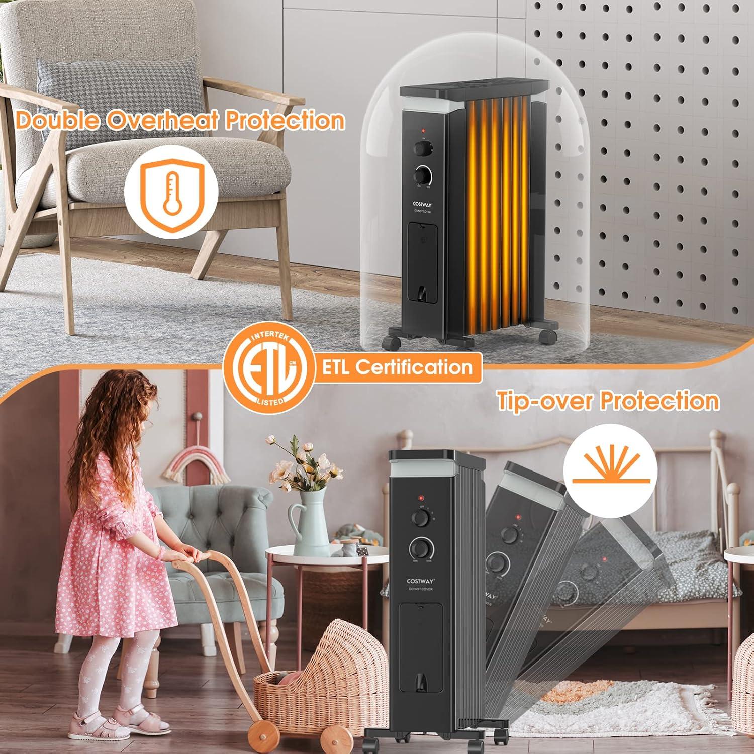 Costway 1500W Oil Filled Radiator Heater Electric Space Heater w/ Humidifier White\Black