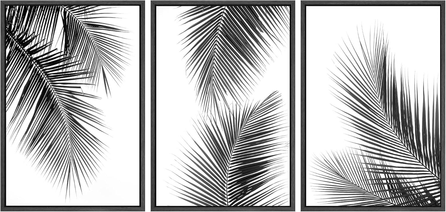 IDEA4WALL Minimal Botanical Black And White Tropical Palm Tree Leaves Organic Modern Framed Canvas 3 Pieces Print Wall Art