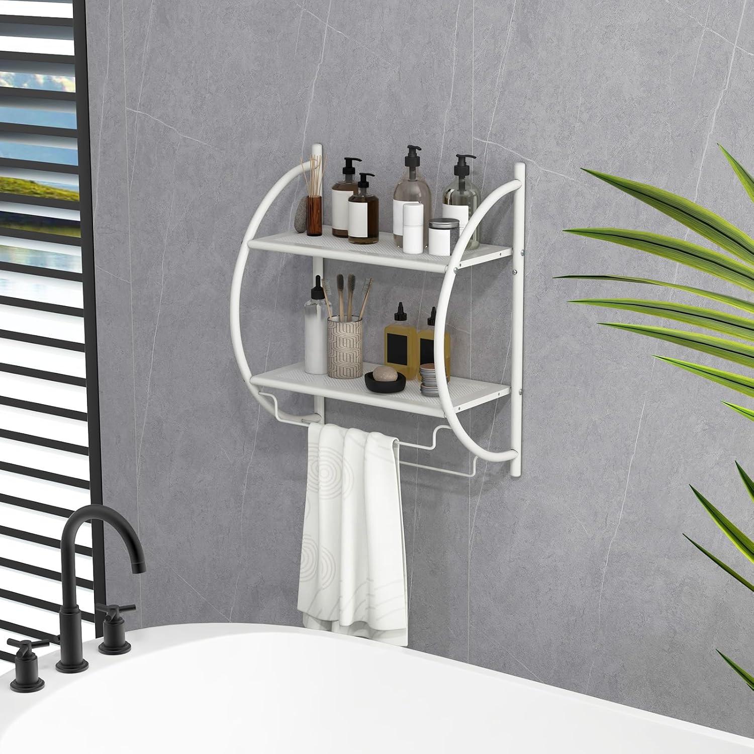 Tangkula Wall Mount 2 Tier Bathroom Shelf with Bars Chrome Bathroom Shelf Home Toilet Double Layer Shelf Rustproof Chrome Shelf White