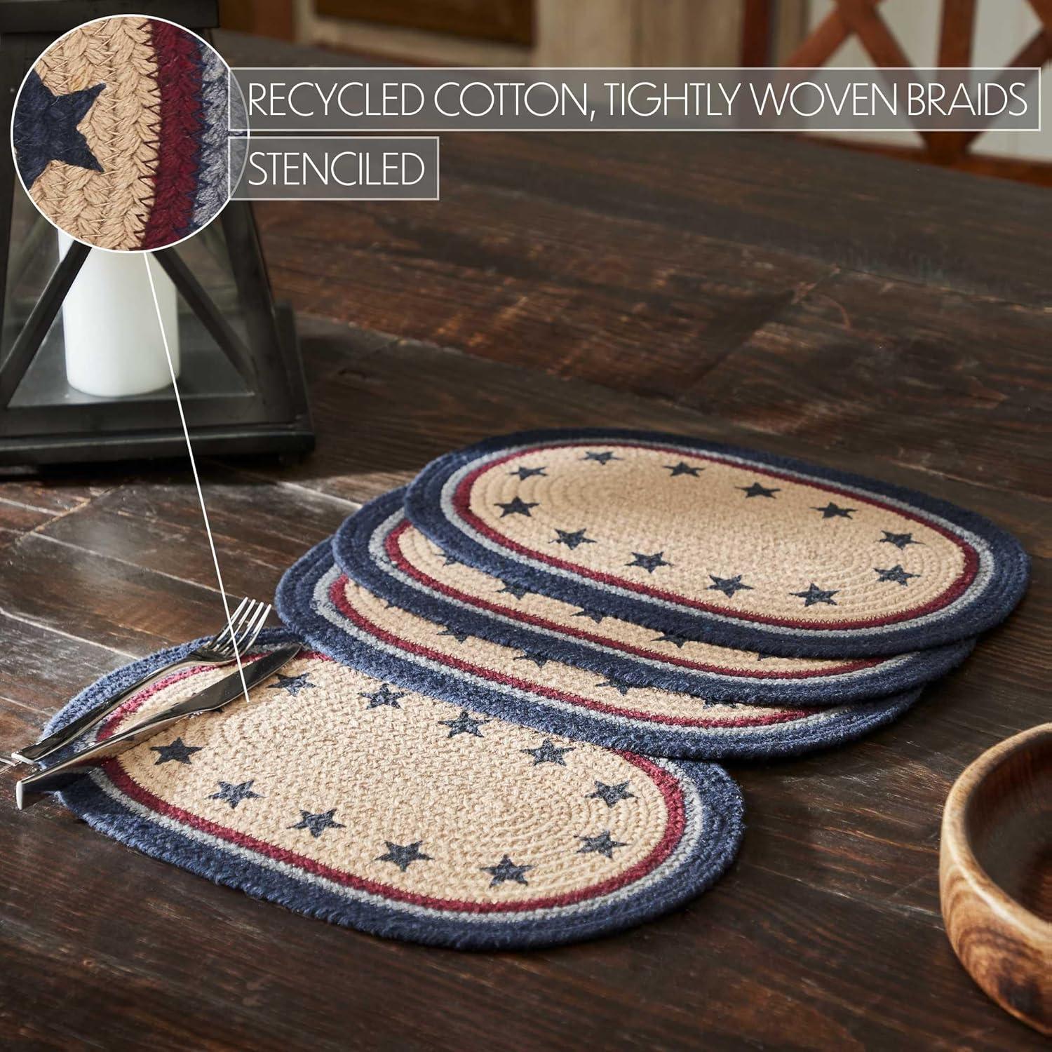 VHC Brands Braided Cotton Placemat 10x15 Set of 4, Cotton Dining Room, Kitchen Placemat, Dining Table Placemats, Woven Place Mat, Stenciled, My Country Collection, Oval 10x15, Stars, Navy
