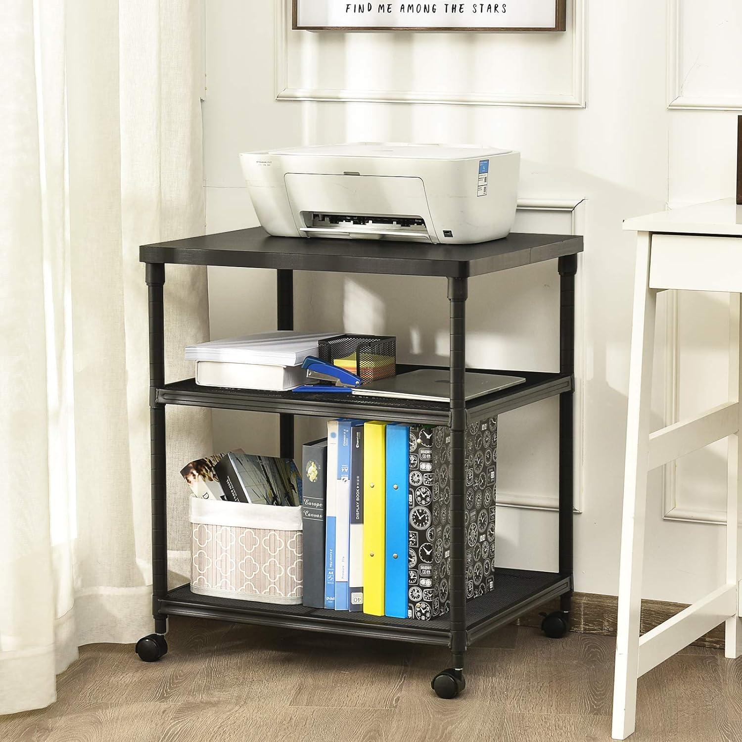 Costway 3-Tier Printer Stand Rolling Fax Cart with Adjustable Shelf & Swivel Wheel Brown/Black