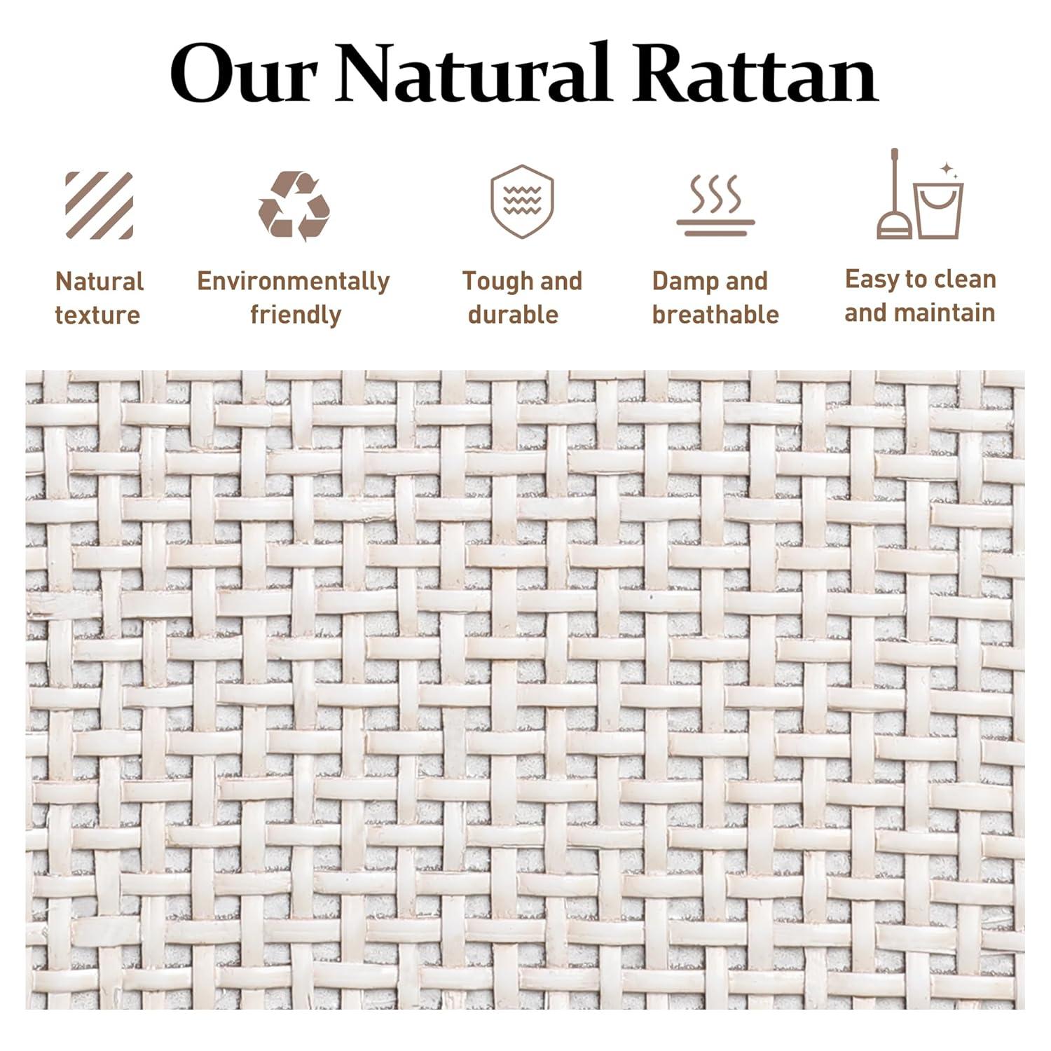 Royalcraft Farmhouse Coffee Table, Boho Tea Table with 2 Rattan Decor Drawers, Accent Center Sofa Table with Storage Shelf, 2 Tier Coffee Table for Bedroom, Living Room, Home Office, Grayish White