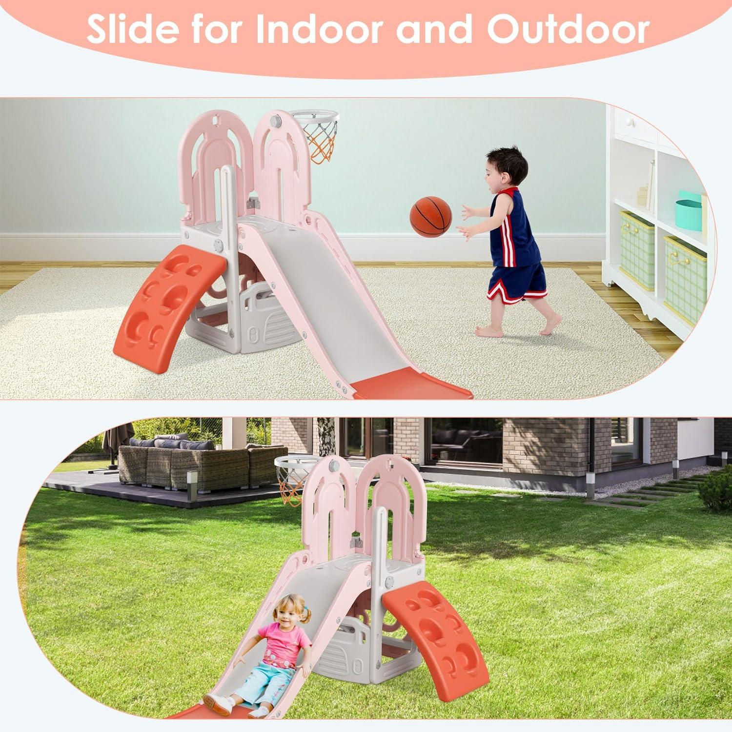 Pink and Orange 4-in-1 Toddler Slide with Basketball Hoop