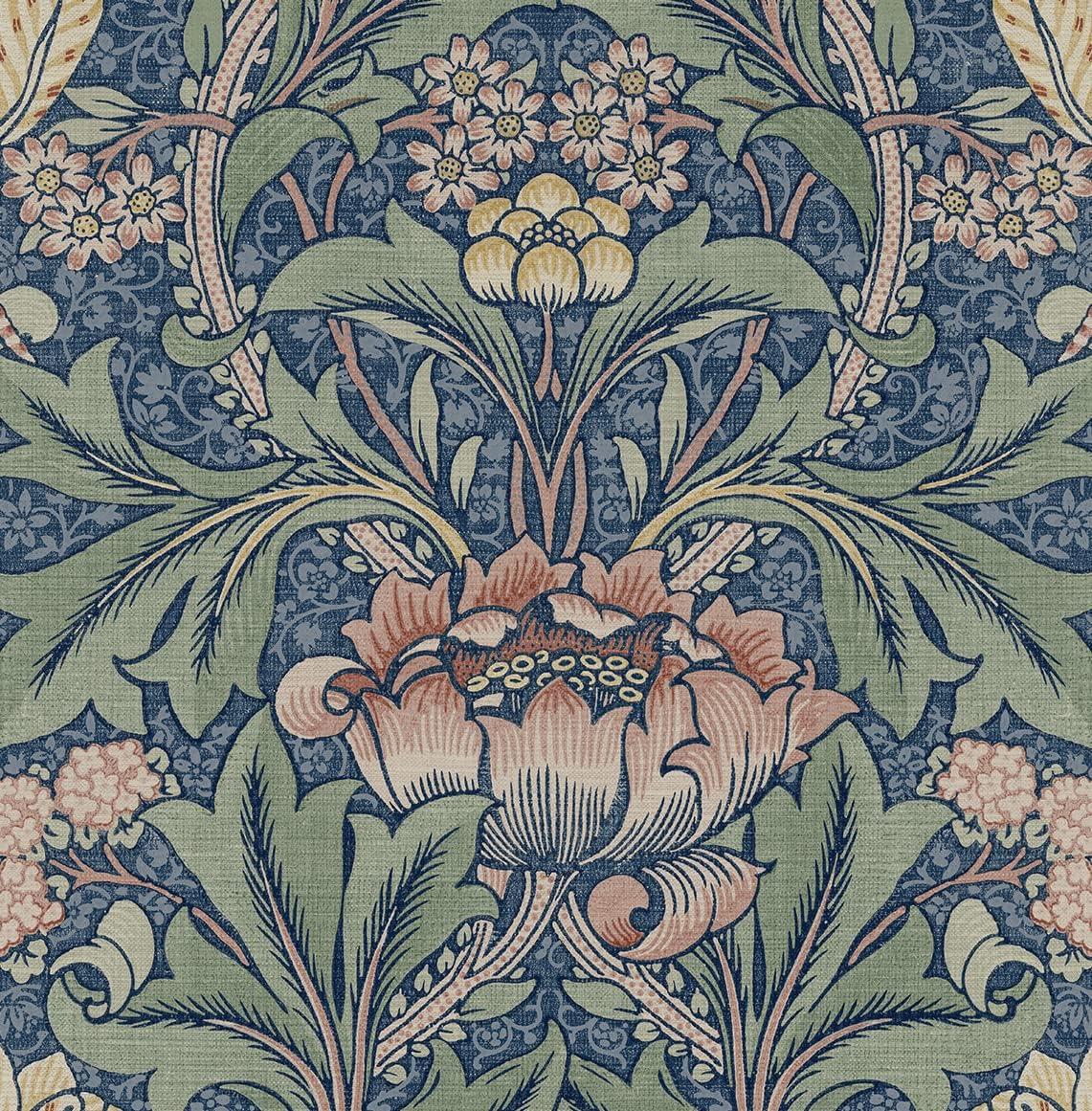 Seabrook Designs  Acanthus Floral Prepasted Wallpaper 20.5 in. W x 33 ft. L - Denim Blue & Salmon