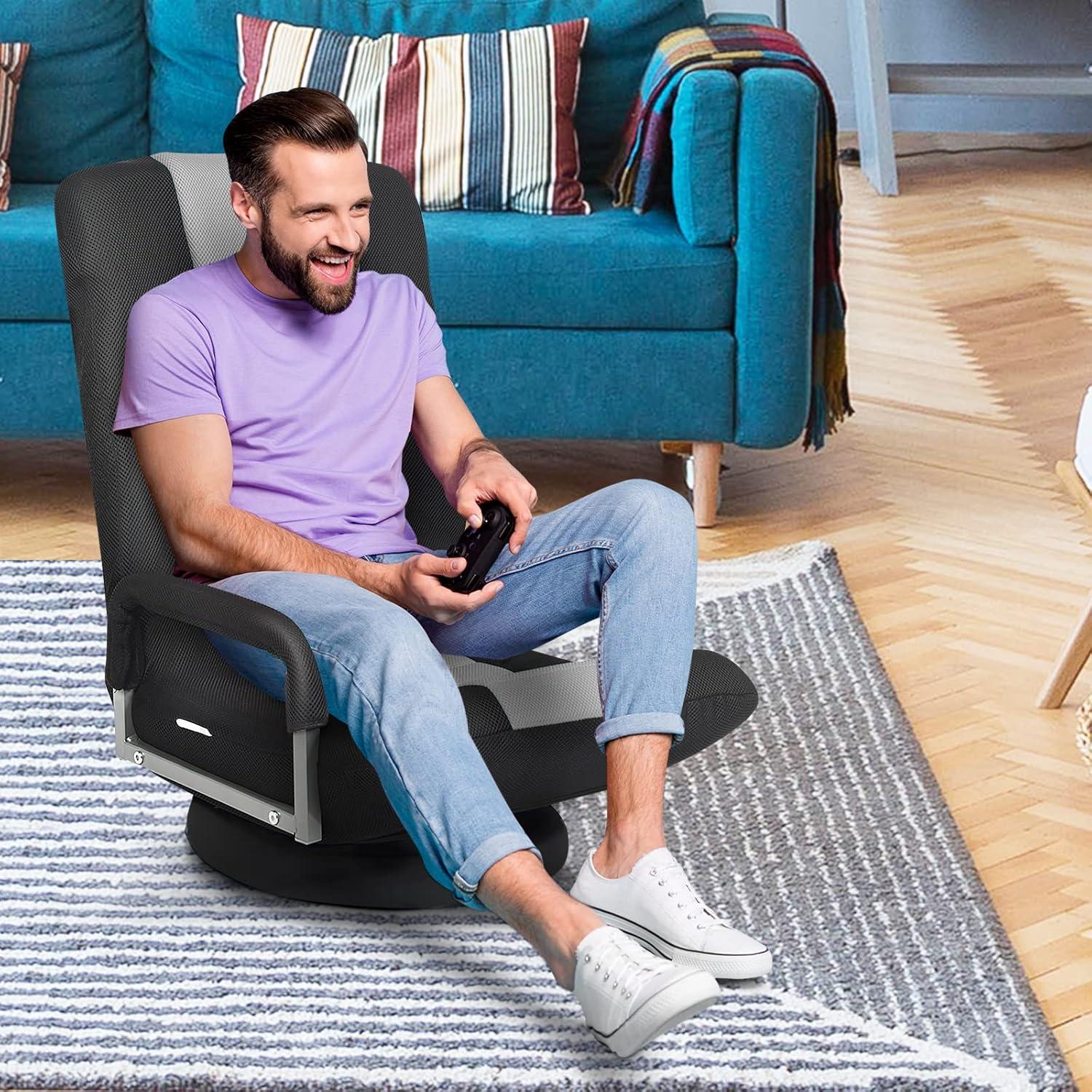 360-Degree Swivel Gaming Floor Chair with Foldable Adjustable Backrest Grey