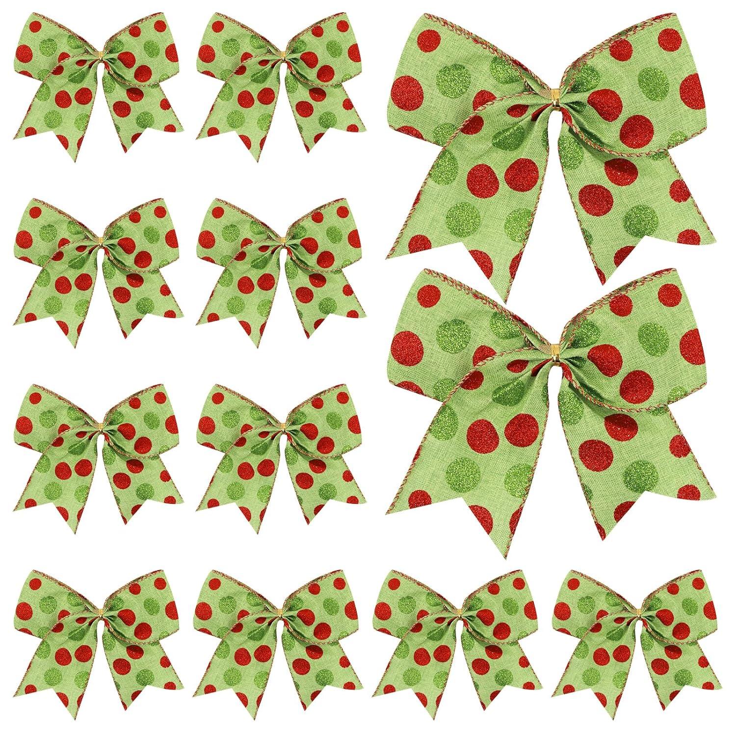 Sandistore Cute Cars 12pcs Christmas Tree Bows Ornaments 6 Inch Large Christmas Wreath Bows Red Green Xmas Tree Bows Christmas Glitter Dot Bows Ribbons Decoration For Garland Diamonds for Crafts