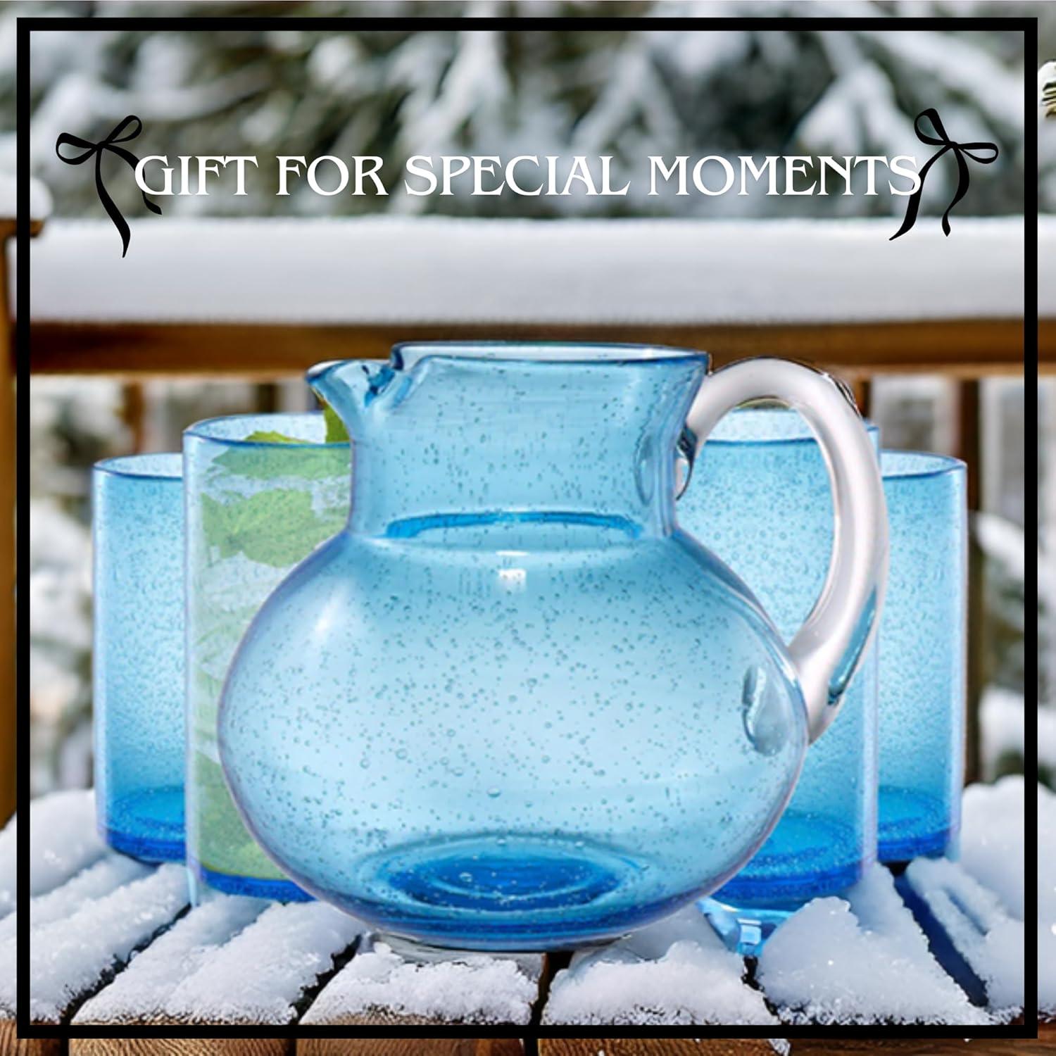 Artland Iris 90oz Hand Blown Pitcher & Set of 4 17oz Highball Glasses, Unique Bubble Design, Lead-Free Glass for Serving Beverages - Turquoise