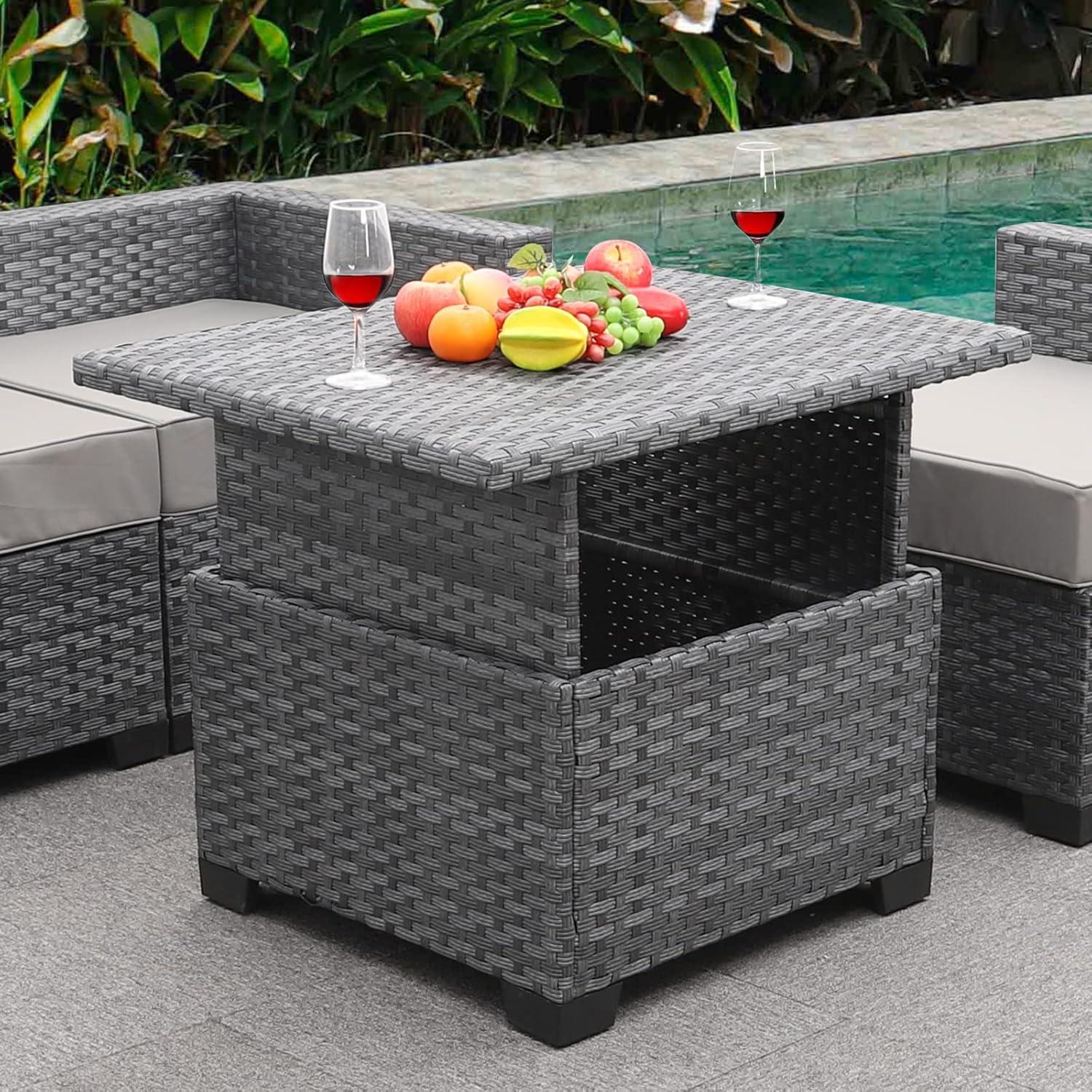 Silver Gray Liftable PE Wicker Outdoor Coffee Table with Storage