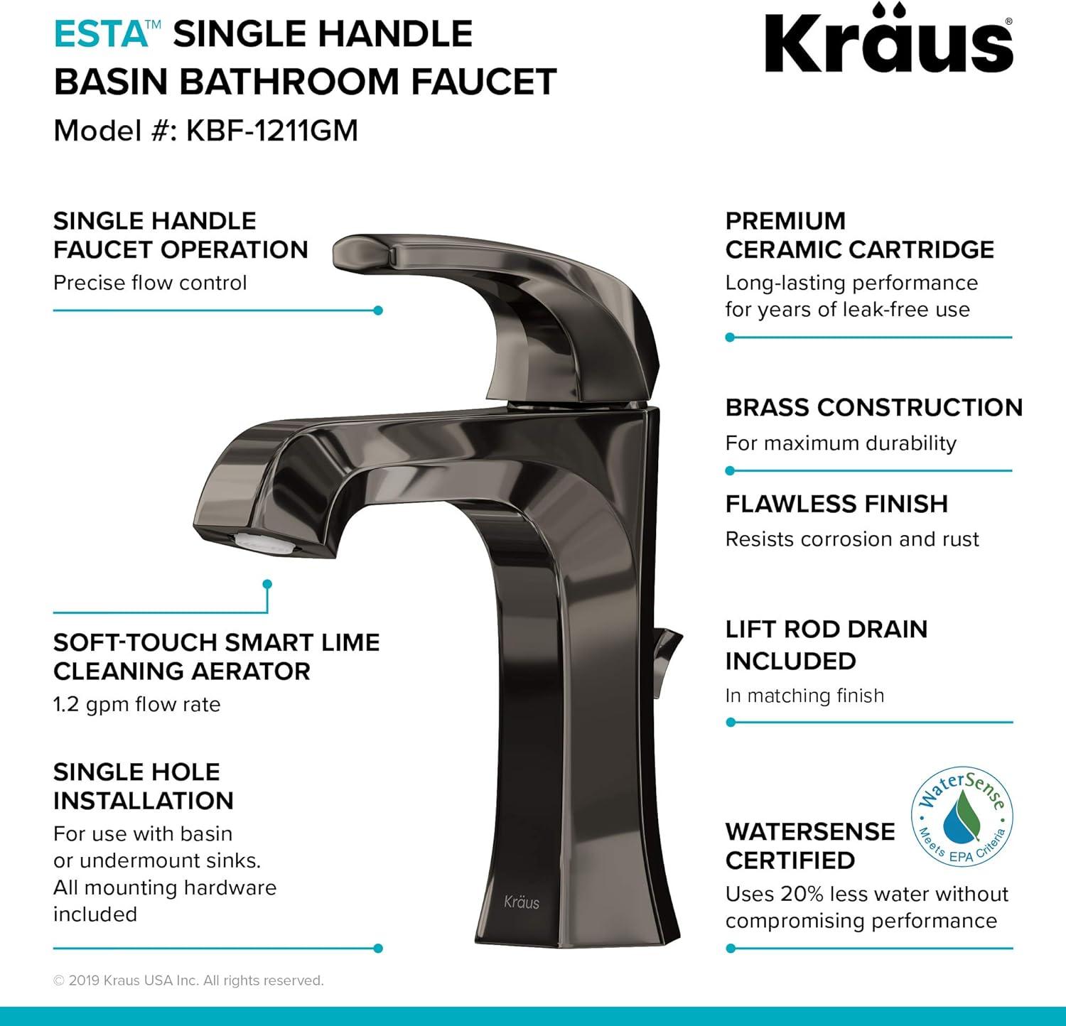 Esta™ Single Handle Bathroom Faucet with Lift Rod Drain in Gunmetal