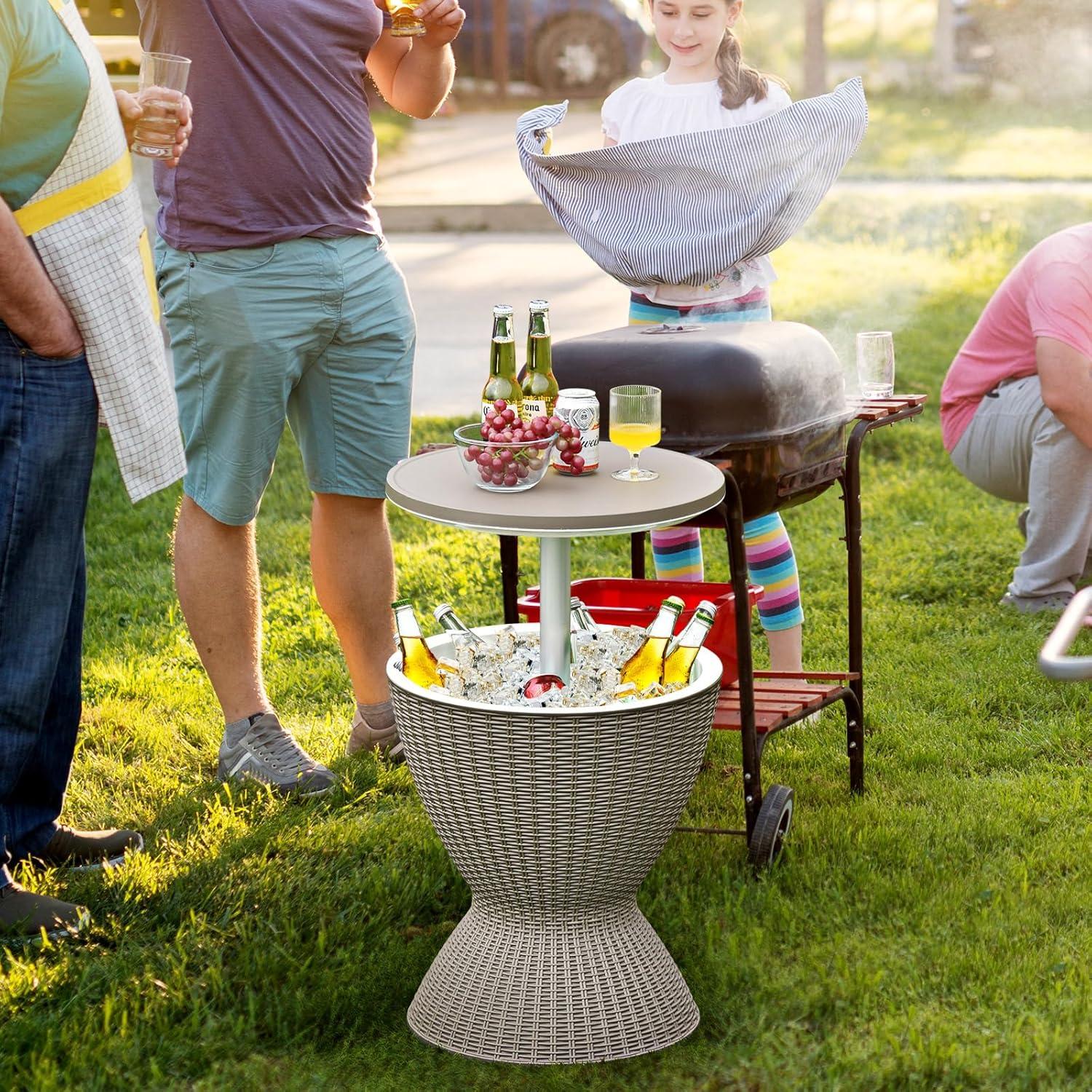 Topcobe 3 in 1 8 Gallon Patio Rattan Cooler Bar Table with Adjust Ice Bucket, Outdoor Patio Furniture for Balcony Garden Backyard -Brown