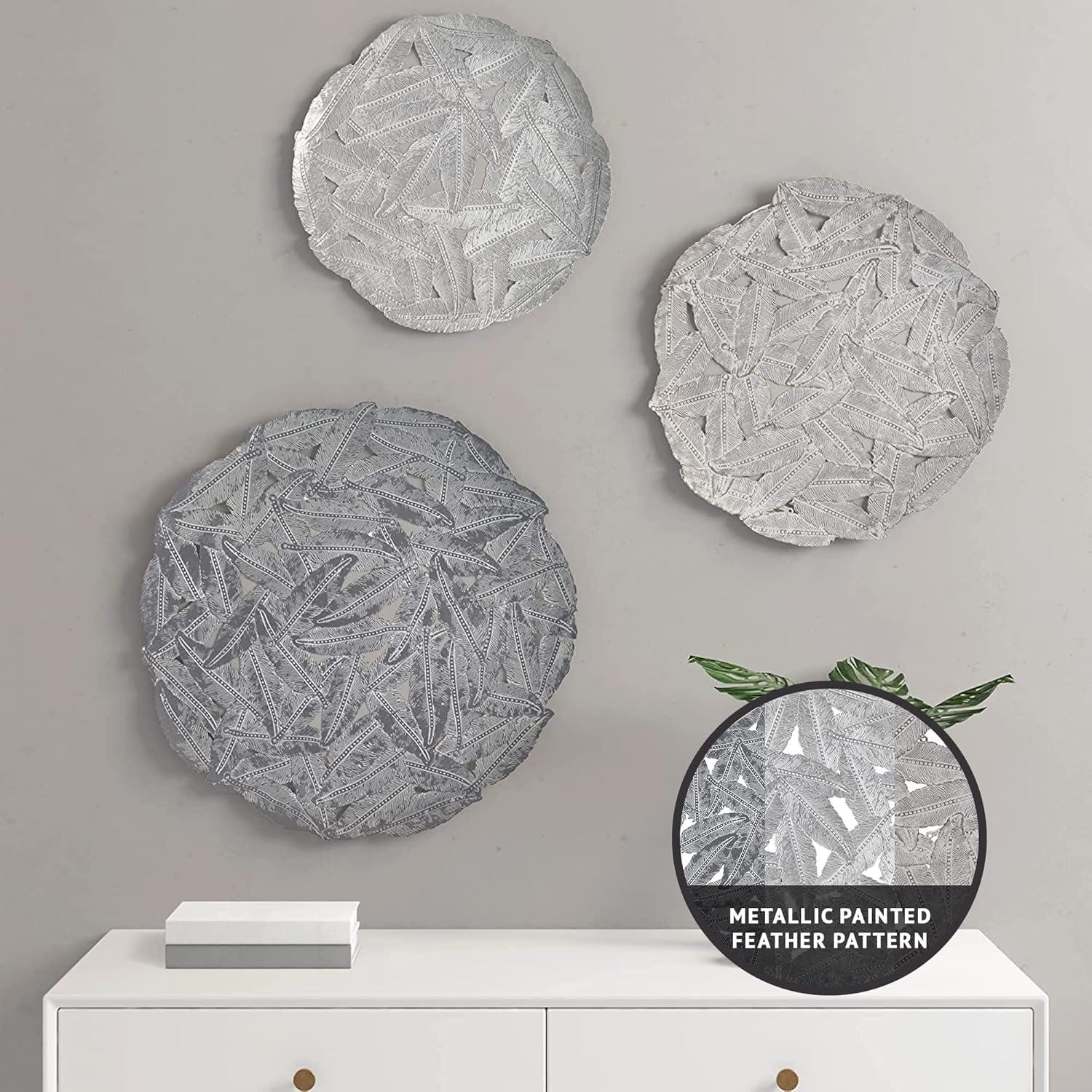 Dakota Fields Textured Feather 3-Piece Metal Disc Wall Decor Set