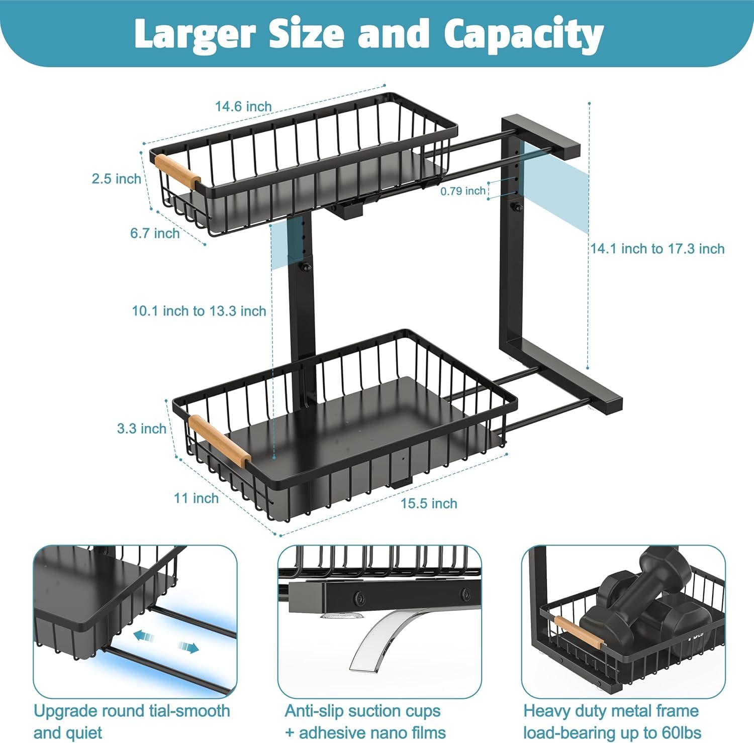 DELAMU 2 Pack Under Sink Organizers and Storage, Pull Out Trash Can Under Cabinet, 2 Tier Bin Organizer with Hooks and Haning Cups, Multi-Purpose Sliding Under Cabinet Organizer