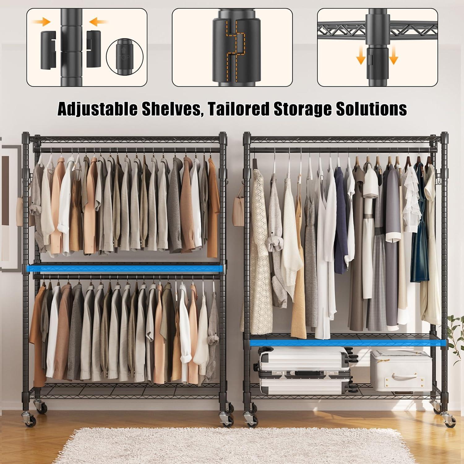 Heavy Duty Chrome Portable Garment Rack with Adjustable Shelves