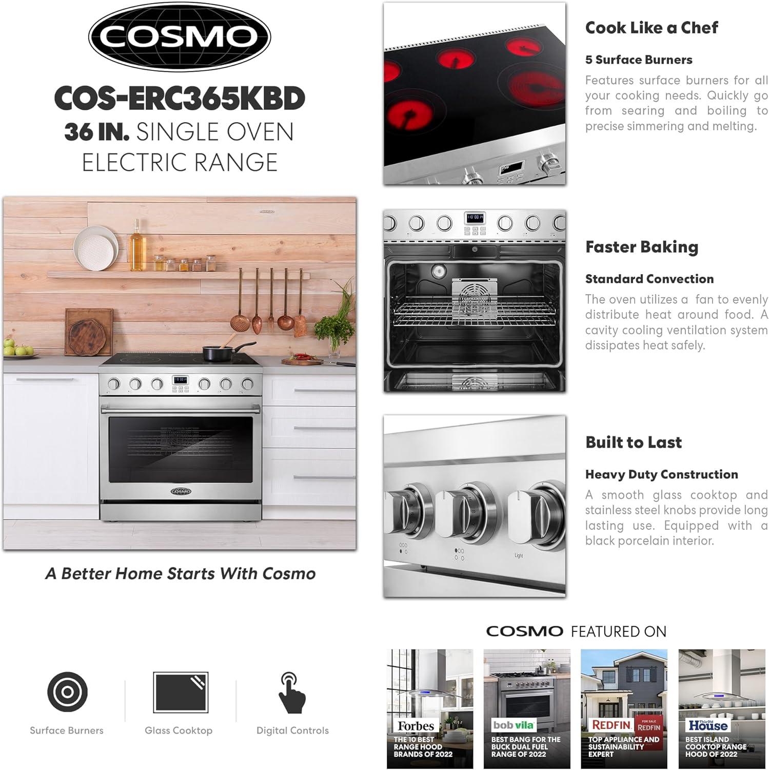 Cosmo 36 in. Haven Collection 6.0 cu. ft. Electric Ceramic Glass Range, 5 Burner Elements, Convection Oven, Stainless Steel