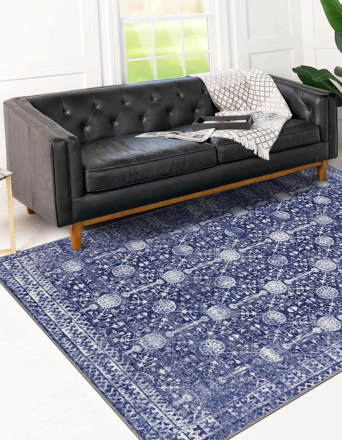 Elegant Blue Rectangular Synthetic Easy-Care Rug 5' x 8'