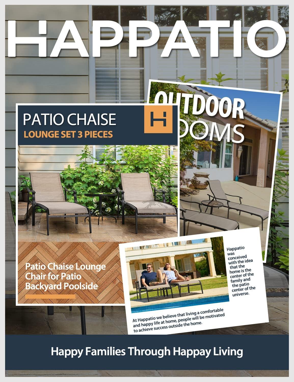 HAPPATIO Patio Chaise Lounge Set 3 Pieces,Patio Lounge Chair with Glass Coffee Table,Pool Lounge Chair with Breathable Textilene Fabric,Patio Chaise Lounge for Patio Backyard Poolside(Gray)