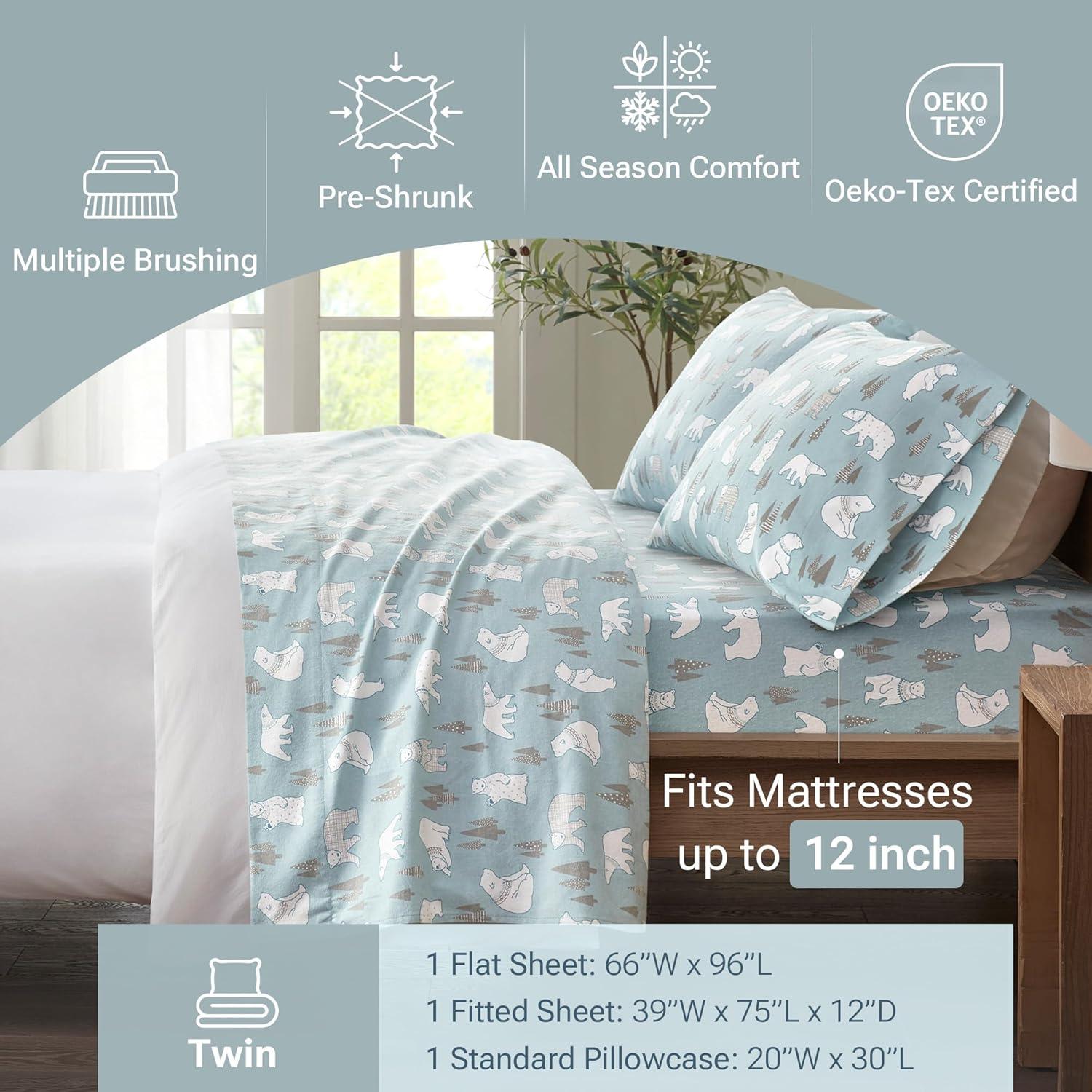 Twin Size Bed Sheets Set, 3-Piece Cozy Cotton Flannel Sheets Set Twin with Deep Pocket Fitted Sheet, Blue Polar Bears