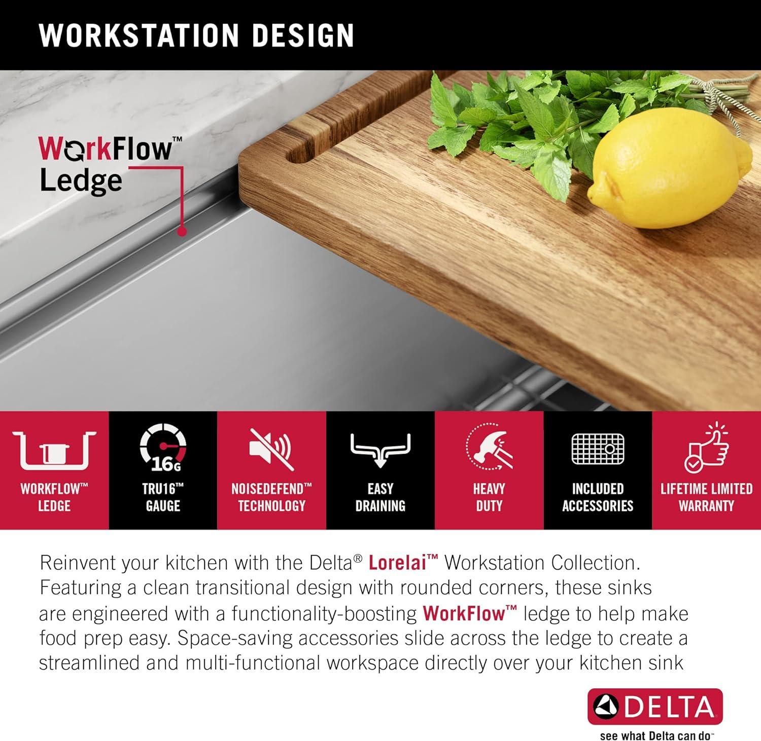 Delta Lorelai™ 23" L Workstation Kitchen Sink Undermount 16 Gauge Stainless Steel Single Bowl with WorkFlow™ Ledge