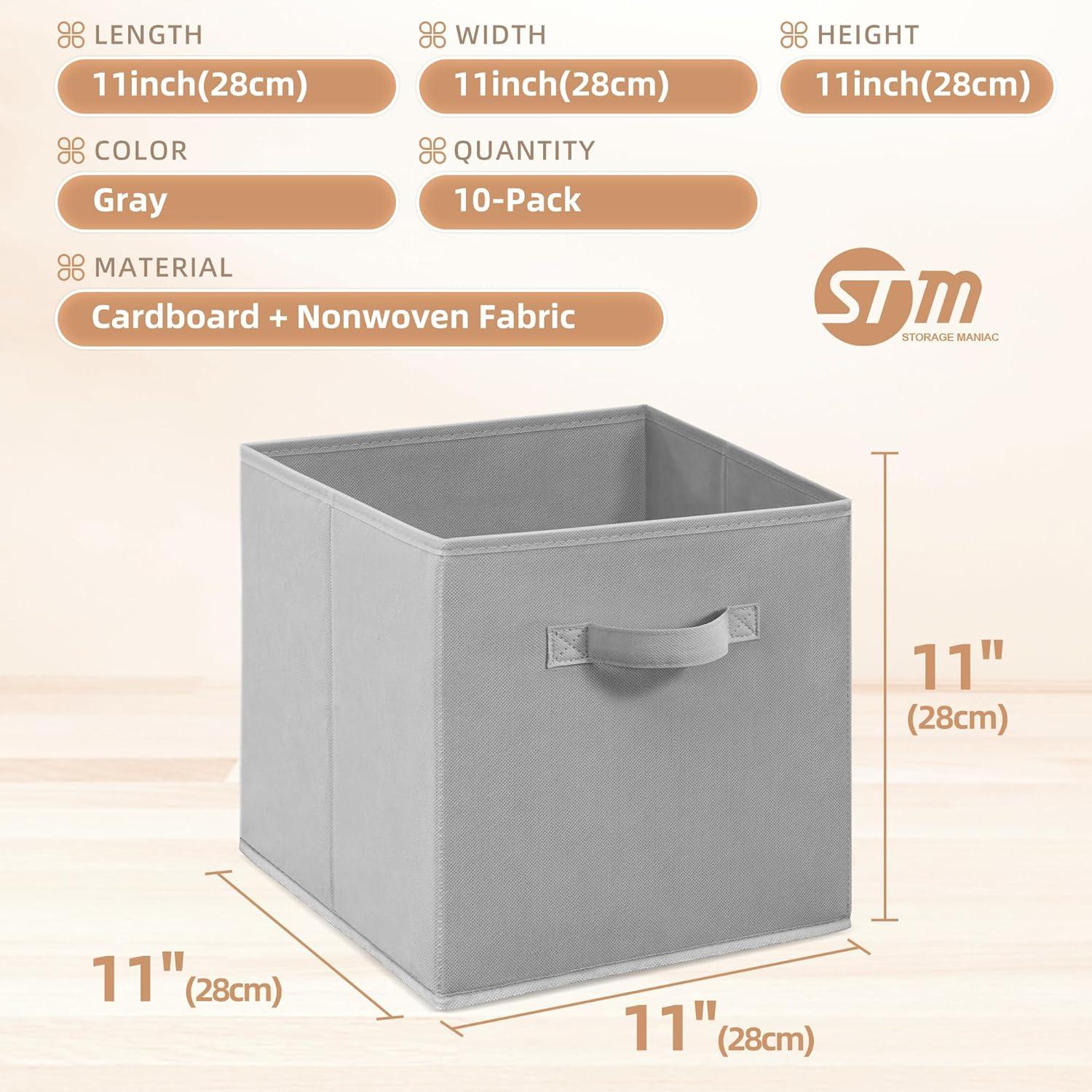11 Inch Fabric Storage Cubes with Dual Handles, Collapsible Cube Bins for Shelves (10 Pack), Foldable Baskets for Clothes, Closet Organizers and Storage Box (Grey)