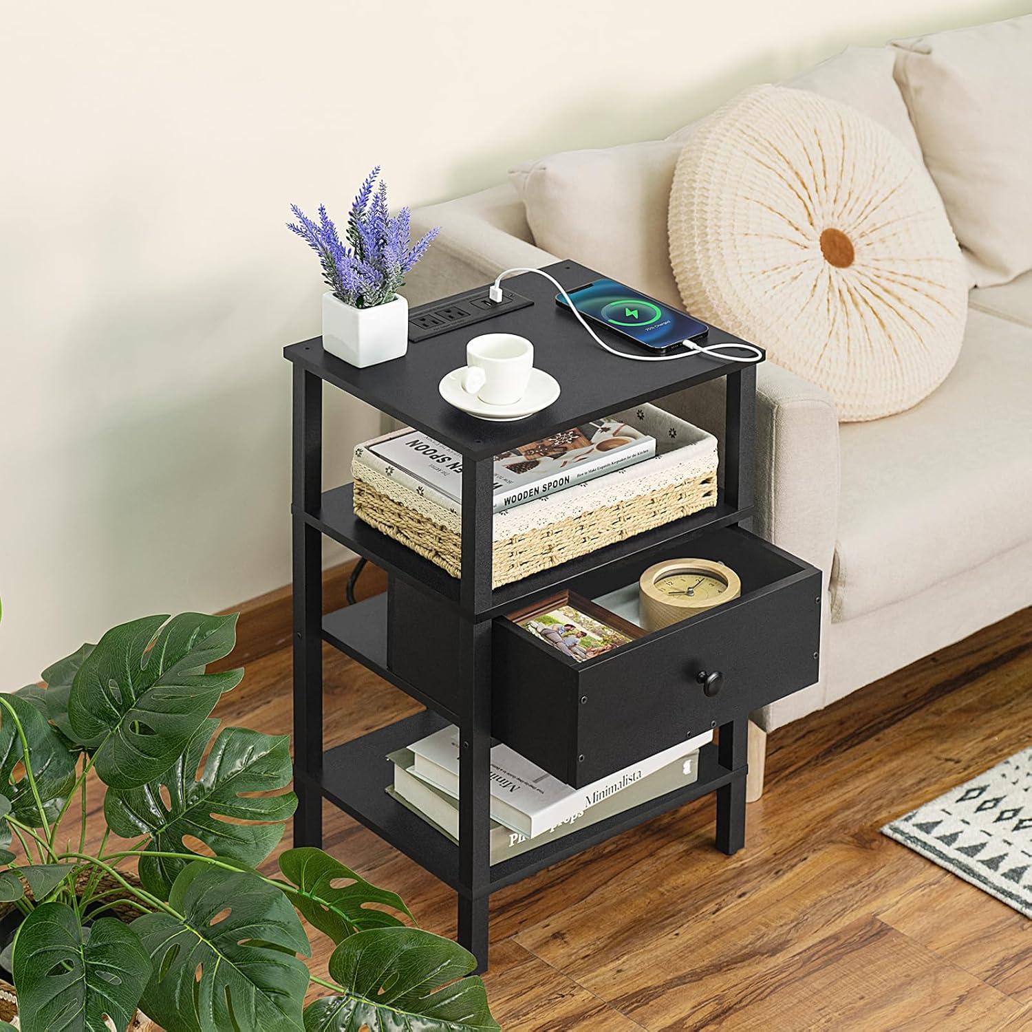 Black Wood 3-Tier Nightstand with Charging Station