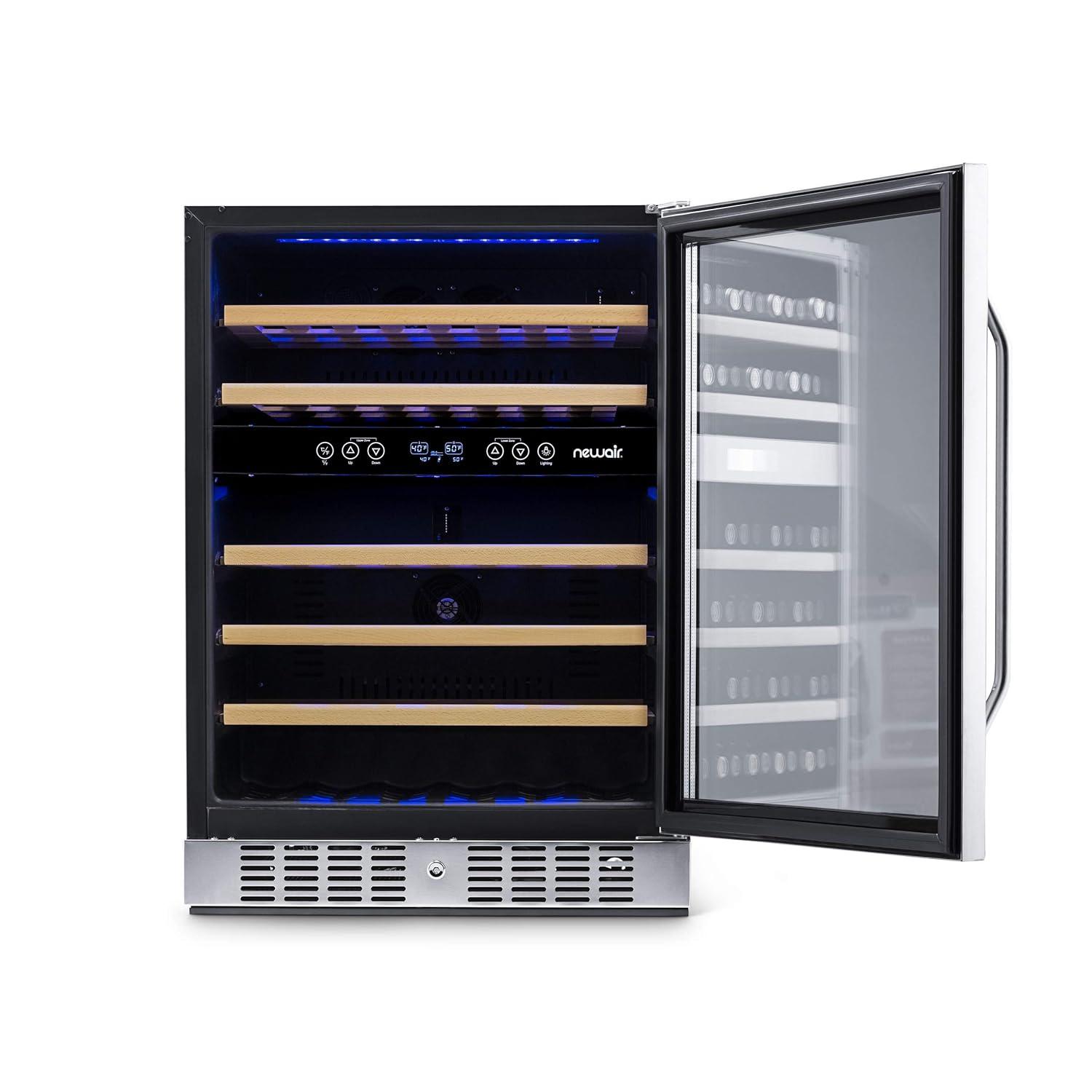 Newair 24” Built-in 46 Bottle Dual Zone Wine Cooler with Removable Beechwood Shelves in Black Stainless Steel