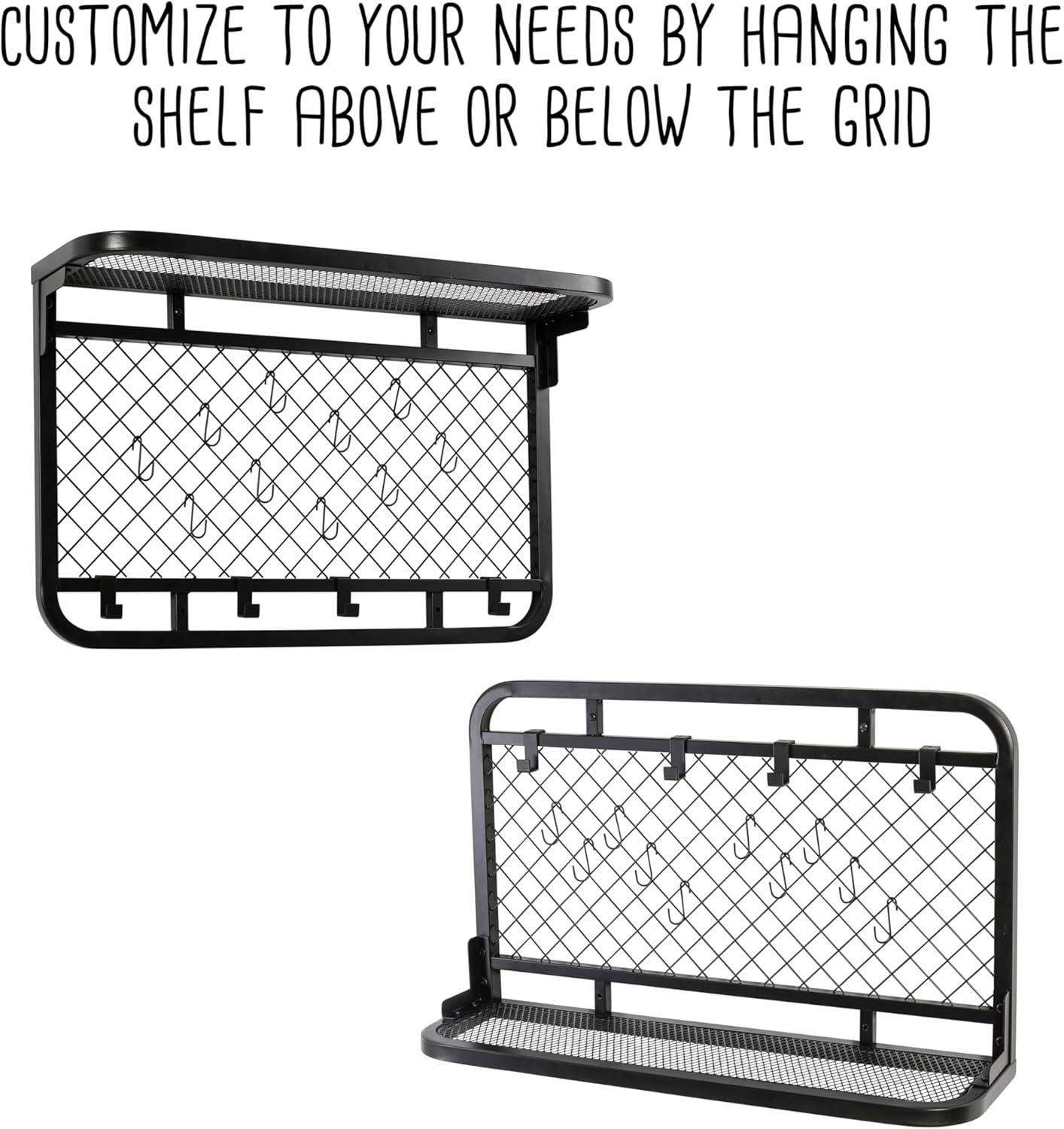 Honey-Can-Do Wall-Mounted Steel Reversible Garage Grid Shelf with Hooks, Black, Holds up to 60 lb per Shelf