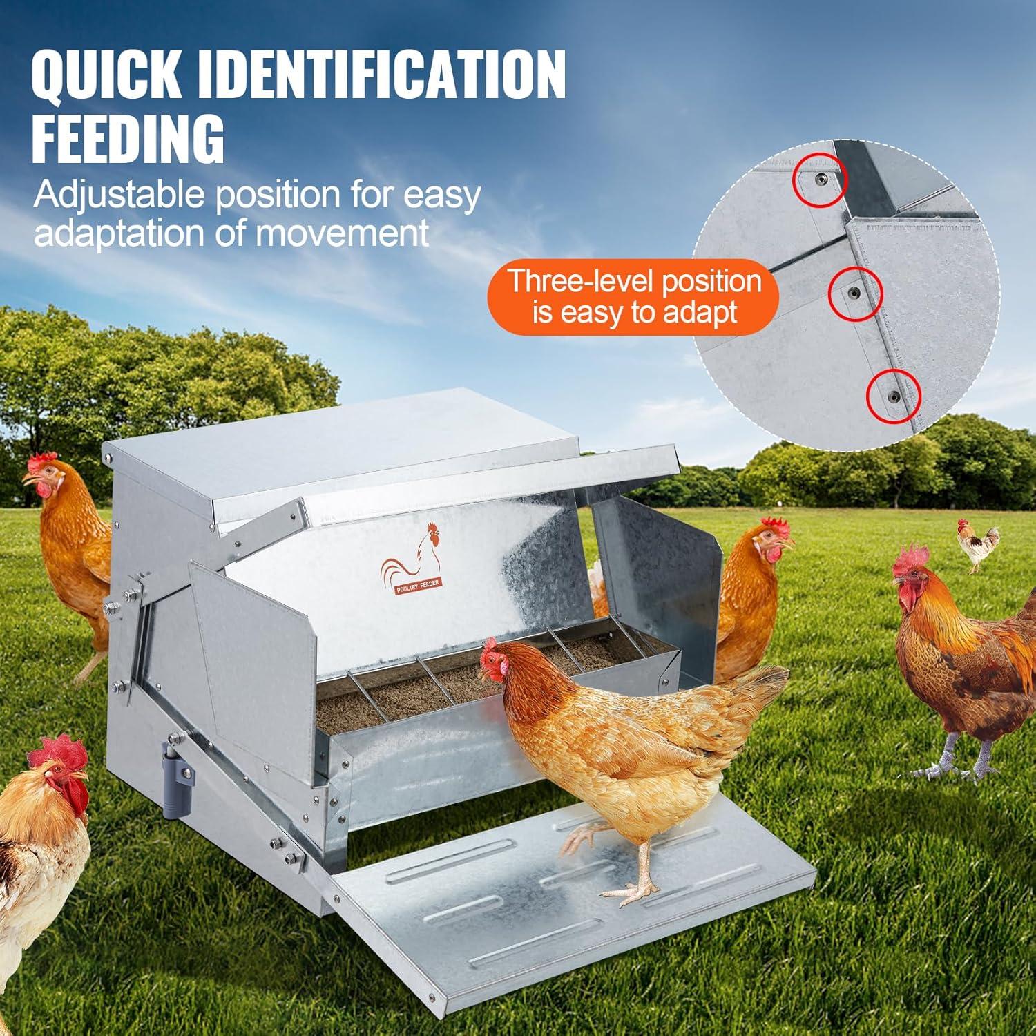 VEVOR Poultry Feeder, 25lbs Capacity, Feed Chicken Feeder with Lid & Lock, Outdoor Coop Food Dispenser, No Waste, Weatherproof Galvanized Metal Feeder for Ducks, Geese