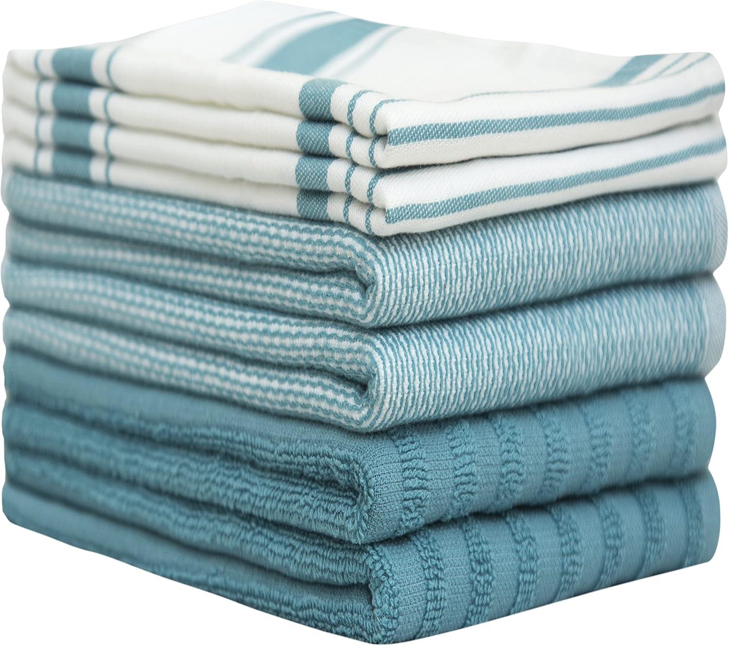 Premium Kitchen Towels 20”x 28”- 6 Pack| Large Cotton Kitchen Towels | Hand Towels for Kitchen | Flat & Terry Towel | Dish Towels | Highly Absorbent Tea Towels Set with Hanging Loop | Aqua Striped