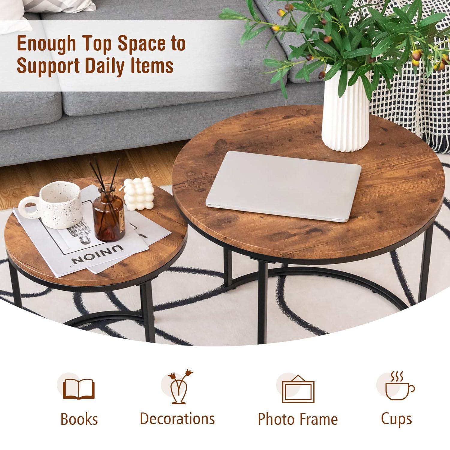 Costway Nesting Coffee Table Set of 2 for Balcony Living Room Modern Round Side Tables Rustic Brown